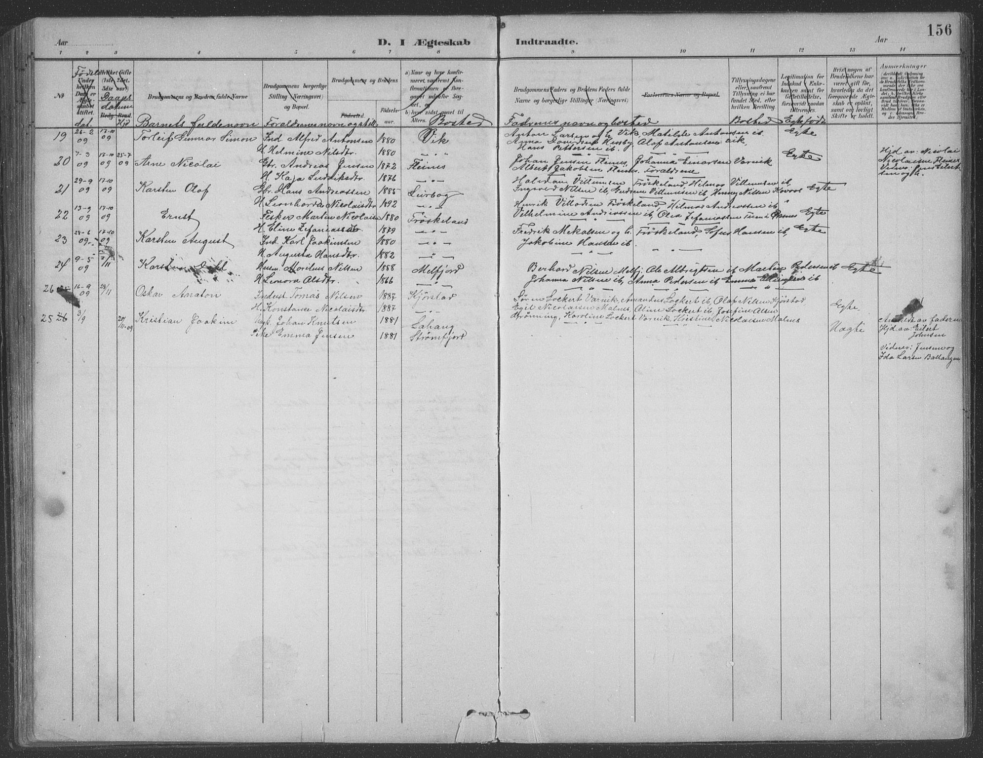 Ministerialprotokoller, klokkerbøker og fødselsregistre - Nordland, AV/SAT-A-1459/890/L1290: Parish register (copy) no. 890C01, 1882-1911, p. 156