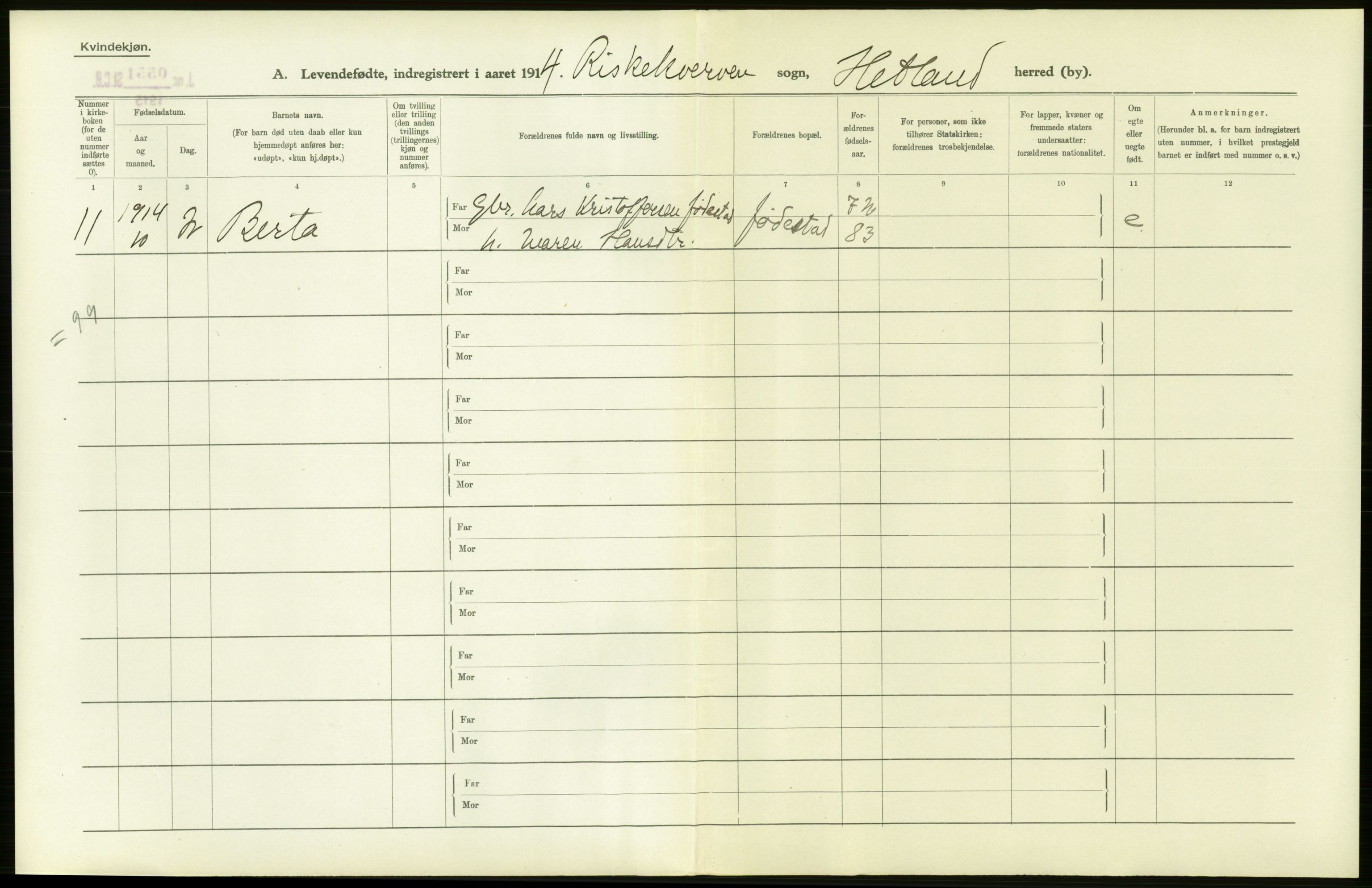 Statistisk sentralbyrå, Sosiodemografiske emner, Befolkning, AV/RA-S-2228/D/Df/Dfb/Dfbd/L0024: Stavanger amt: Levendefødte menn og kvinner. Bygder., 1914, p. 2