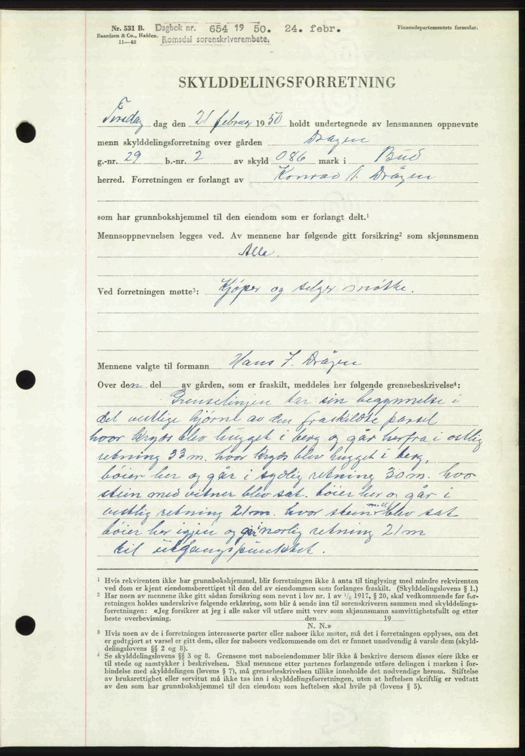 Romsdal sorenskriveri, AV/SAT-A-4149/1/2/2C: Mortgage book no. A32, 1950-1950, Diary no: : 654/1950