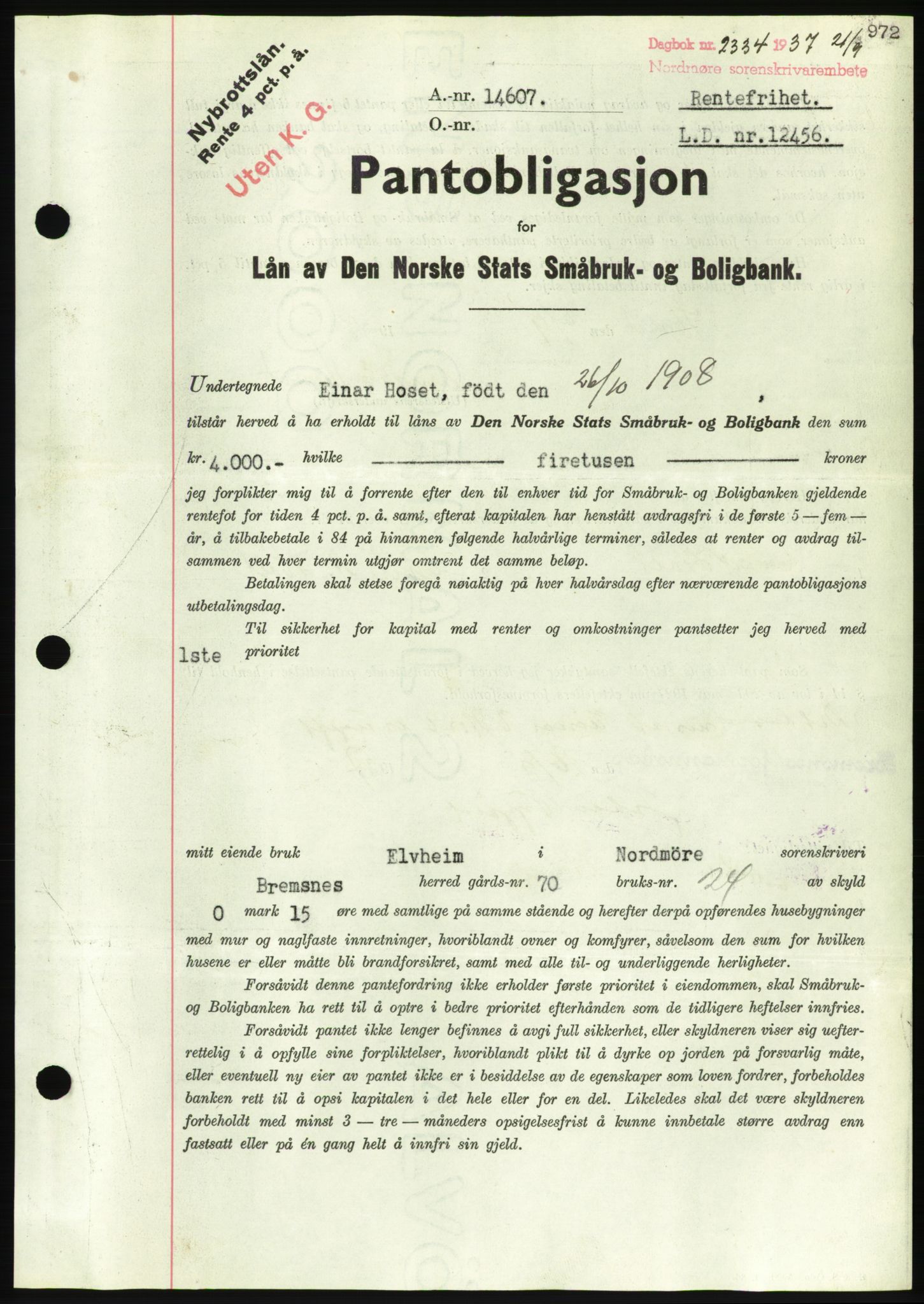 Nordmøre sorenskriveri, AV/SAT-A-4132/1/2/2Ca/L0091: Mortgage book no. B81, 1937-1937, Diary no: : 2334/1937