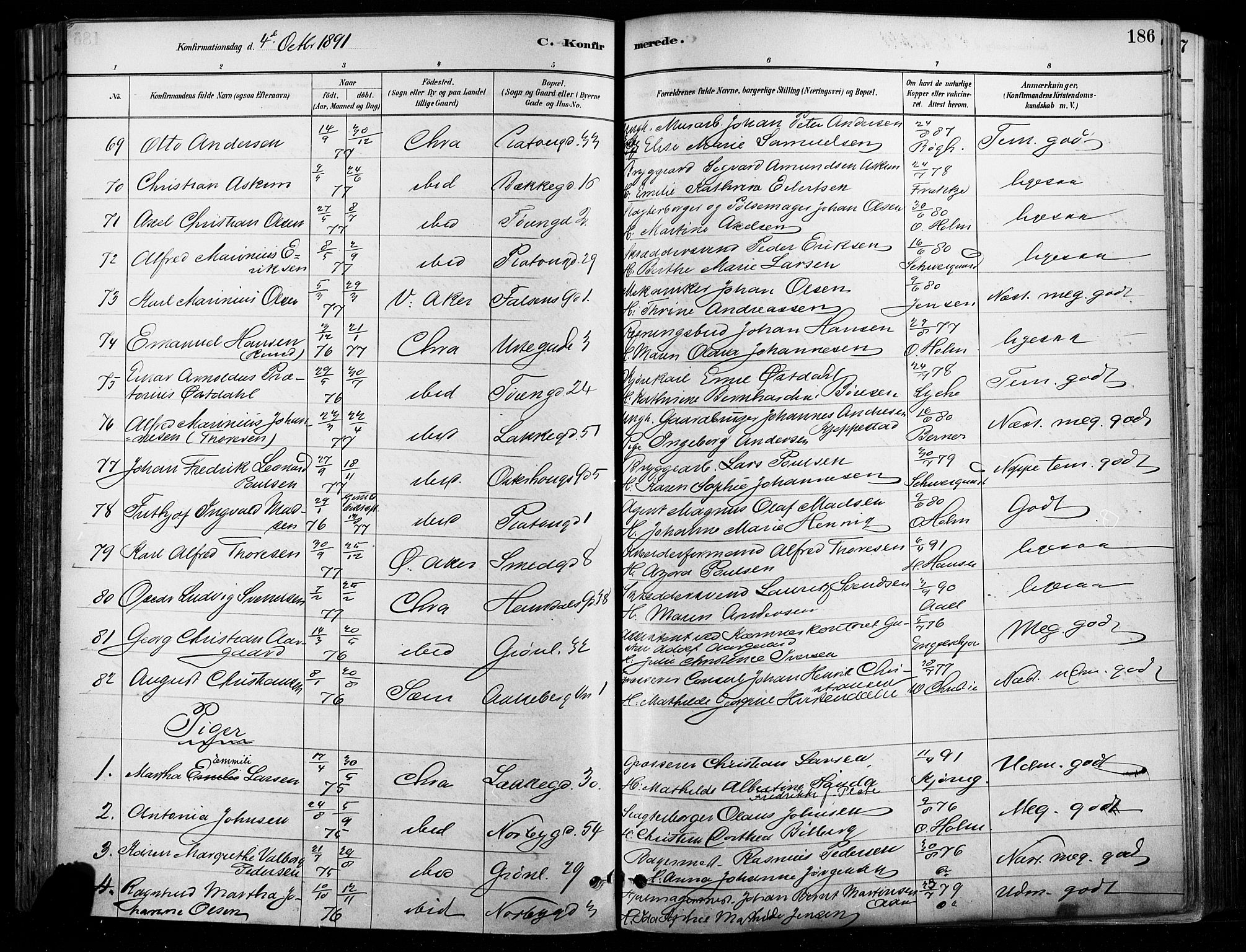 Grønland prestekontor Kirkebøker, SAO/A-10848/F/Fa/L0008: Parish register (official) no. 8, 1881-1893, p. 186