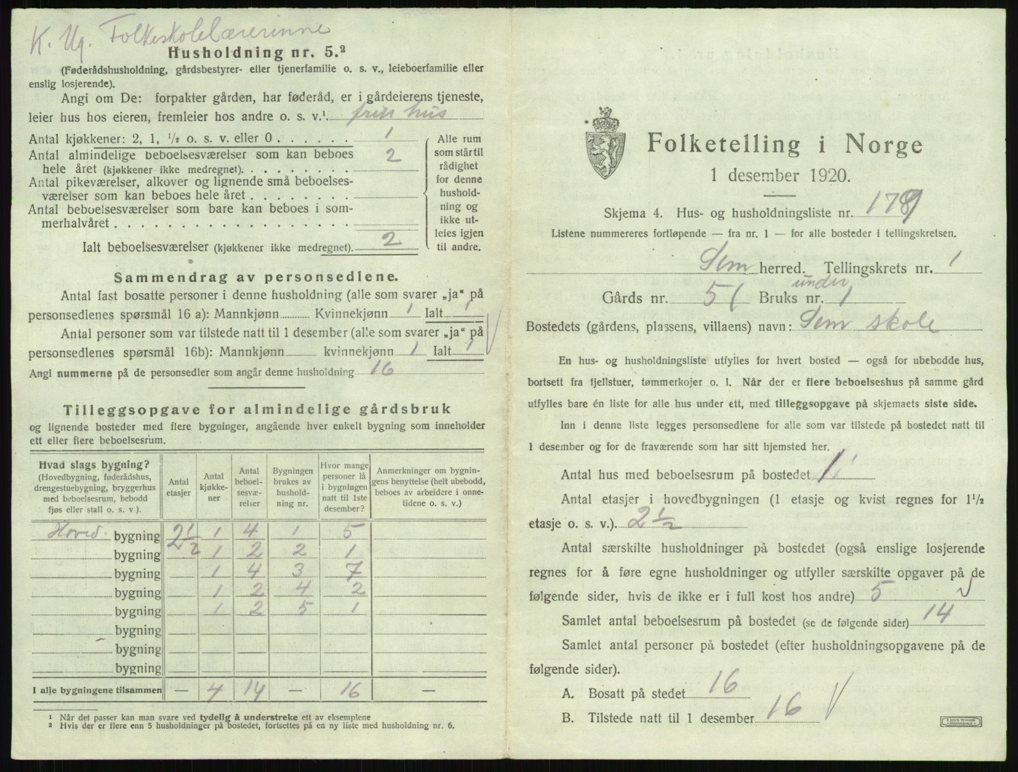 SAKO, 1920 census for Sem, 1920, p. 430