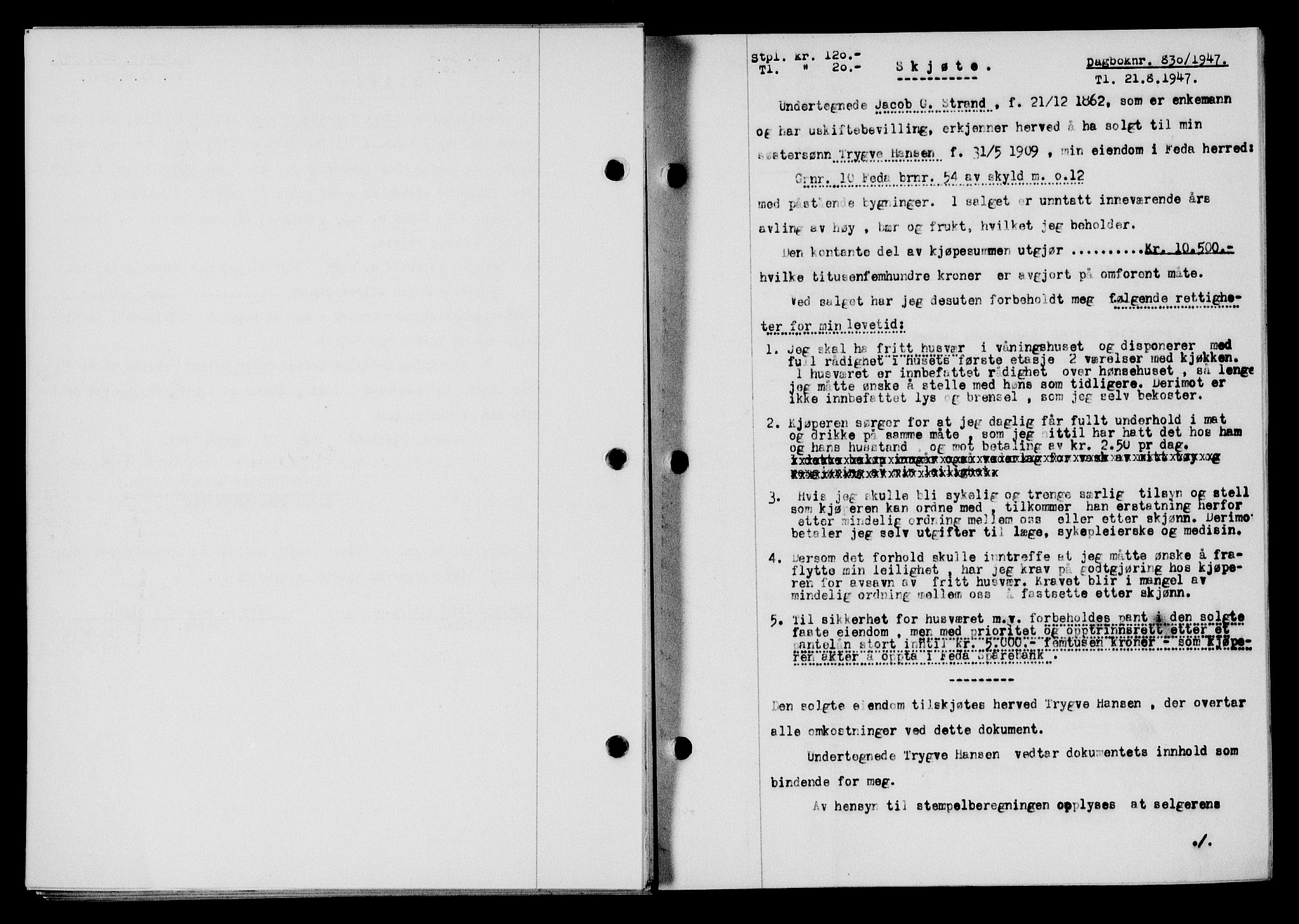 Flekkefjord sorenskriveri, SAK/1221-0001/G/Gb/Gba/L0062: Mortgage book no. A-10, 1947-1947, Diary no: : 830/1947