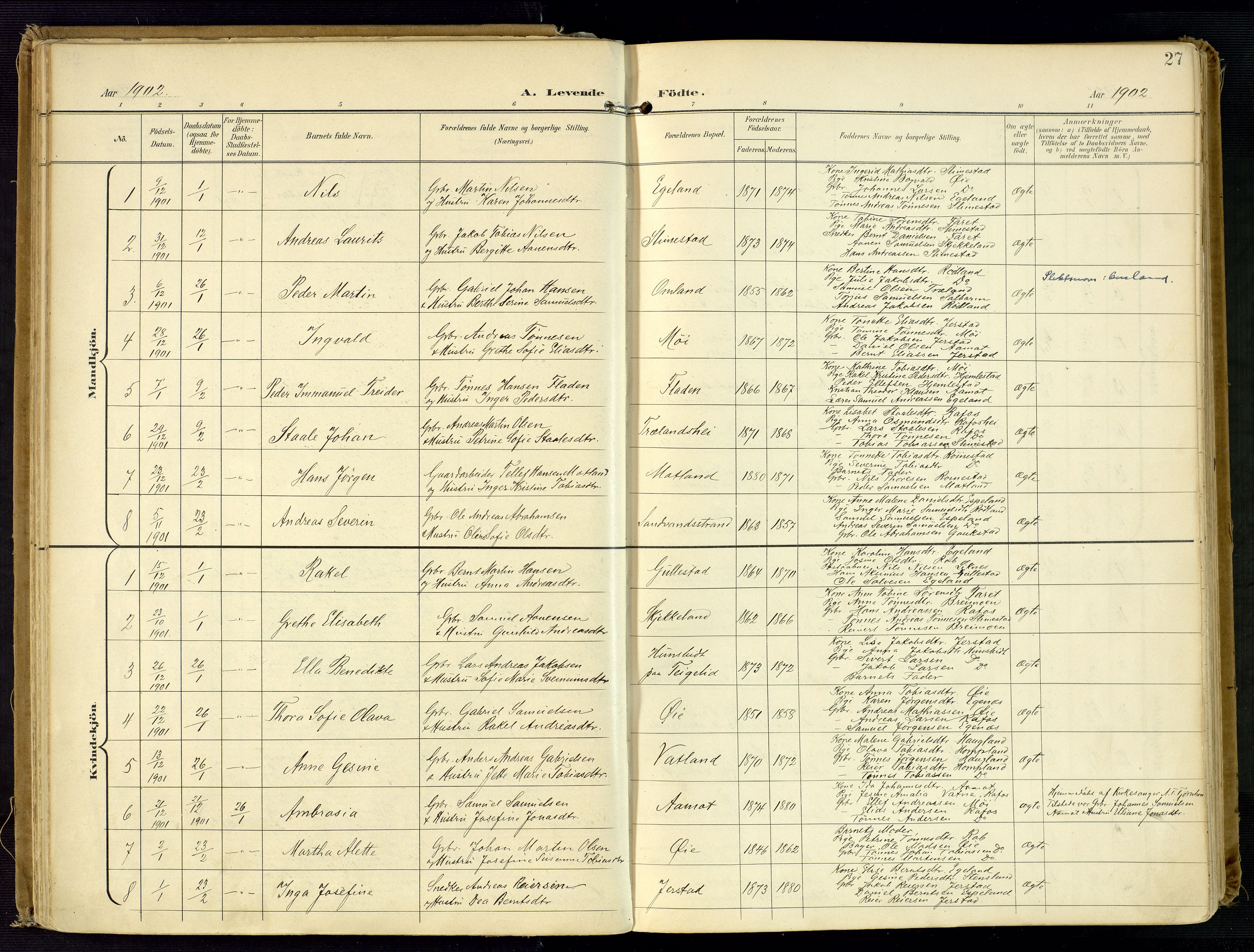 Kvinesdal sokneprestkontor, AV/SAK-1111-0026/F/Fa/Fab/L0009: Parish register (official) no. A 9, 1898-1915, p. 27