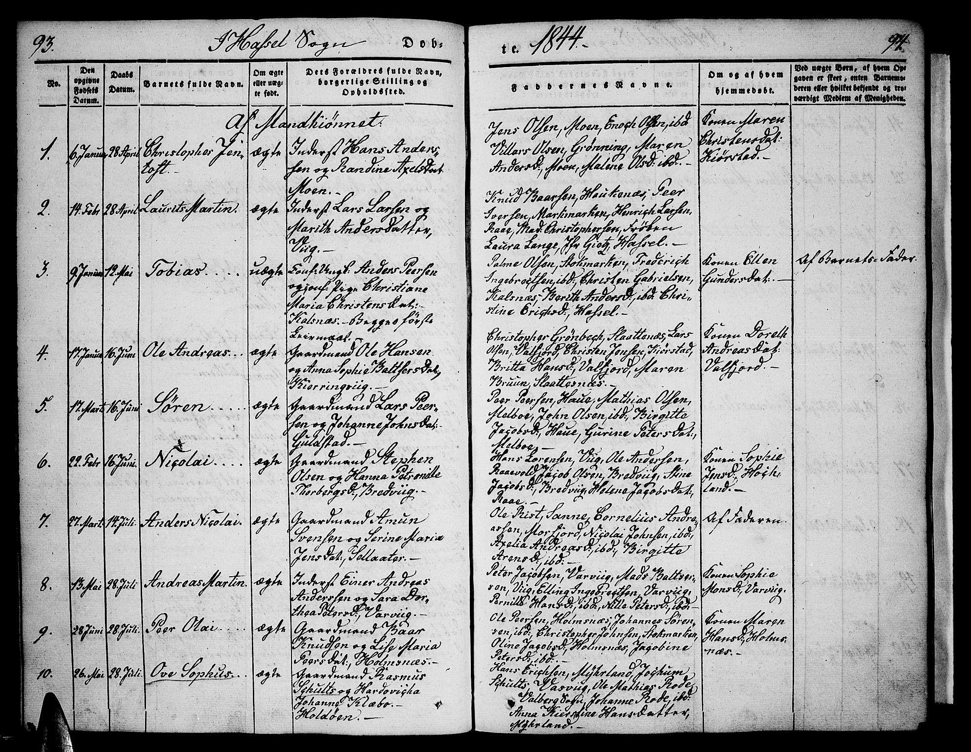 Ministerialprotokoller, klokkerbøker og fødselsregistre - Nordland, AV/SAT-A-1459/888/L1239: Parish register (official) no. 888A06 /1, 1837-1849, p. 93-94