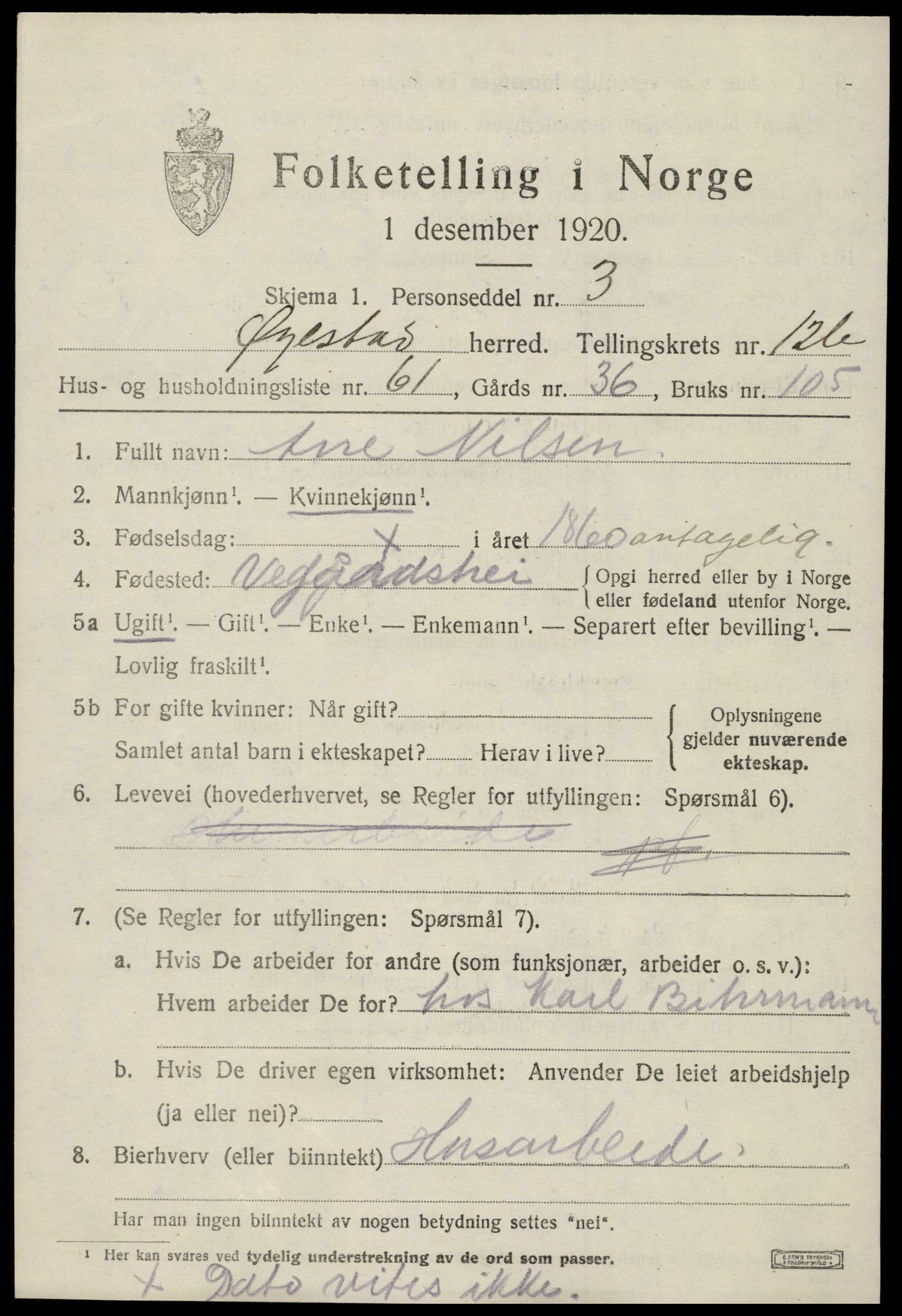 SAK, 1920 census for Øyestad, 1920, p. 8100