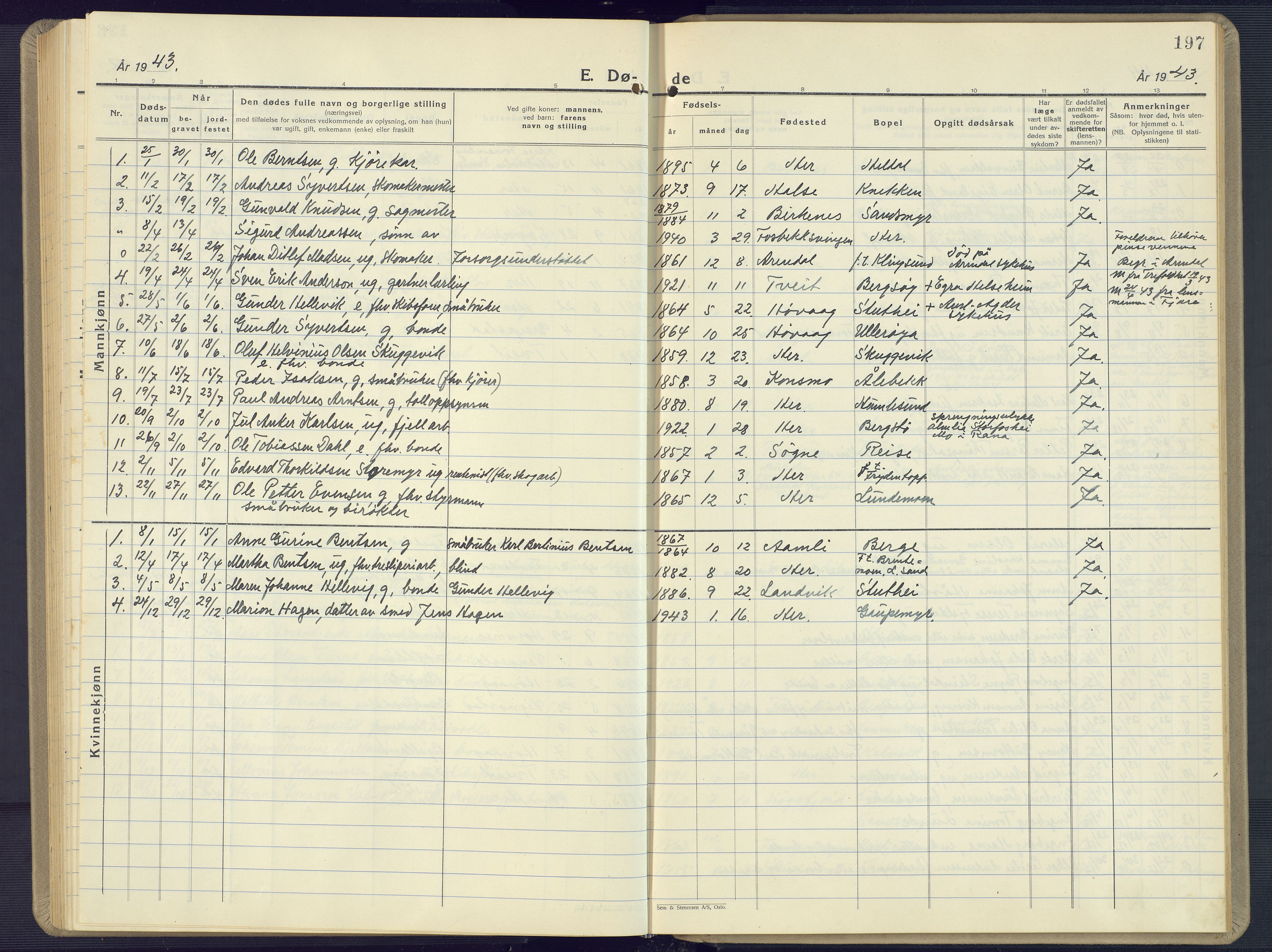 Vestre Moland sokneprestkontor, SAK/1111-0046/F/Fb/Fbb/L0008: Parish register (copy) no. B 8, 1930-1966, p. 197