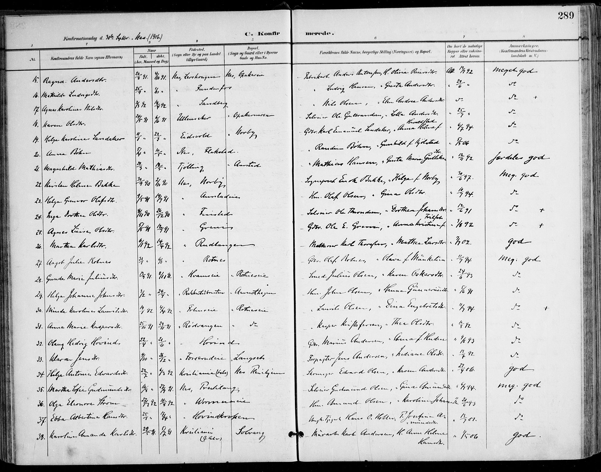 Nes prestekontor Kirkebøker, AV/SAO-A-10410/F/Fa/L0011: Parish register (official) no. I 11, 1899-1918, p. 289