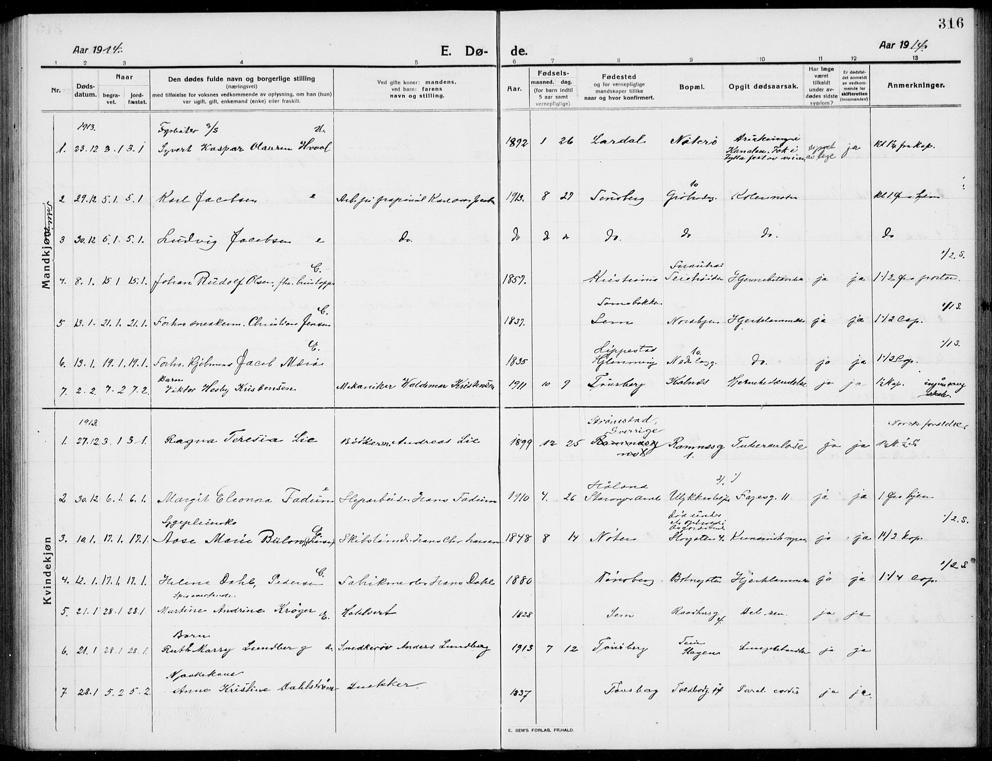 Tønsberg kirkebøker, SAKO/A-330/G/Ga/L0009: Parish register (copy) no. 9, 1913-1920, p. 316