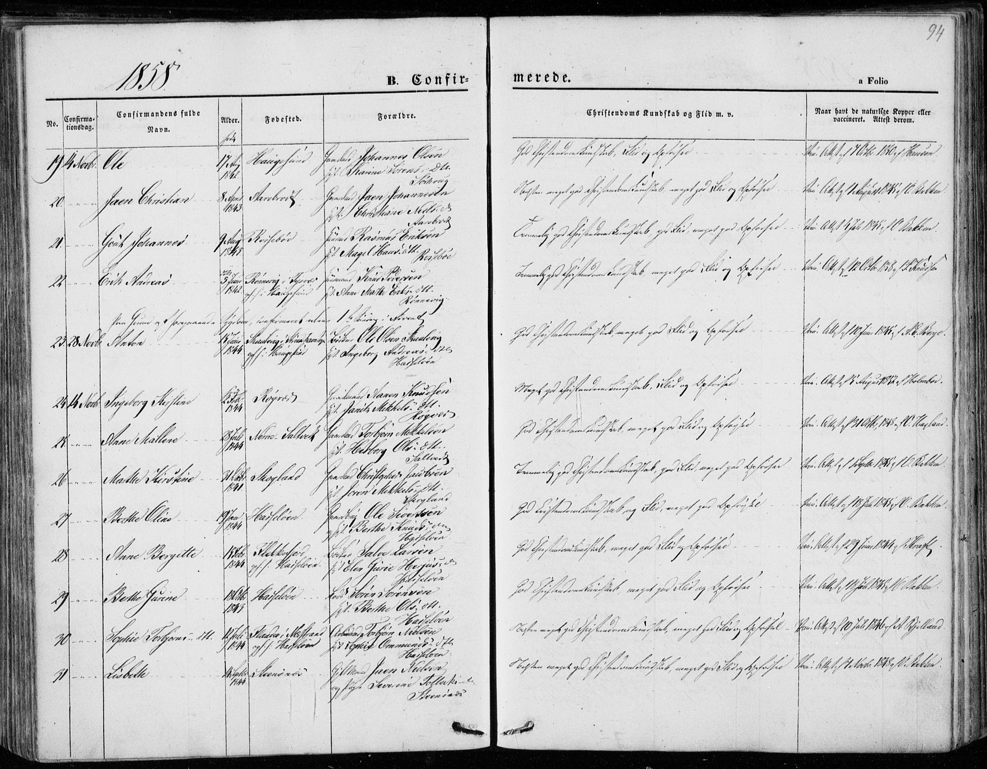 Torvastad sokneprestkontor, AV/SAST-A -101857/H/Ha/Haa/L0011: Parish register (official) no. A 11, 1857-1866, p. 94