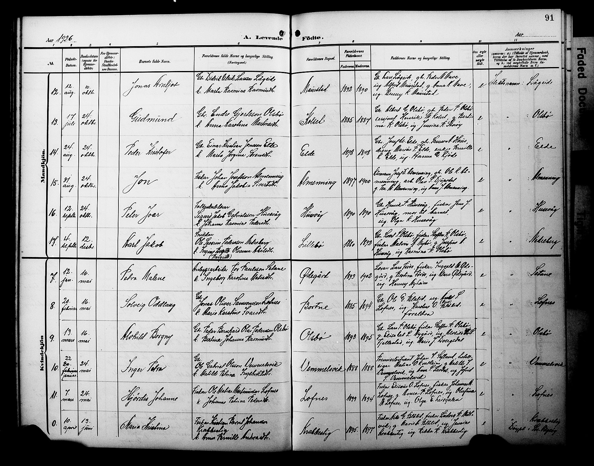 Davik sokneprestembete, SAB/A-79701/H/Hab/Habc/L0003: Parish register (copy) no. C 3, 1907-1929, p. 91