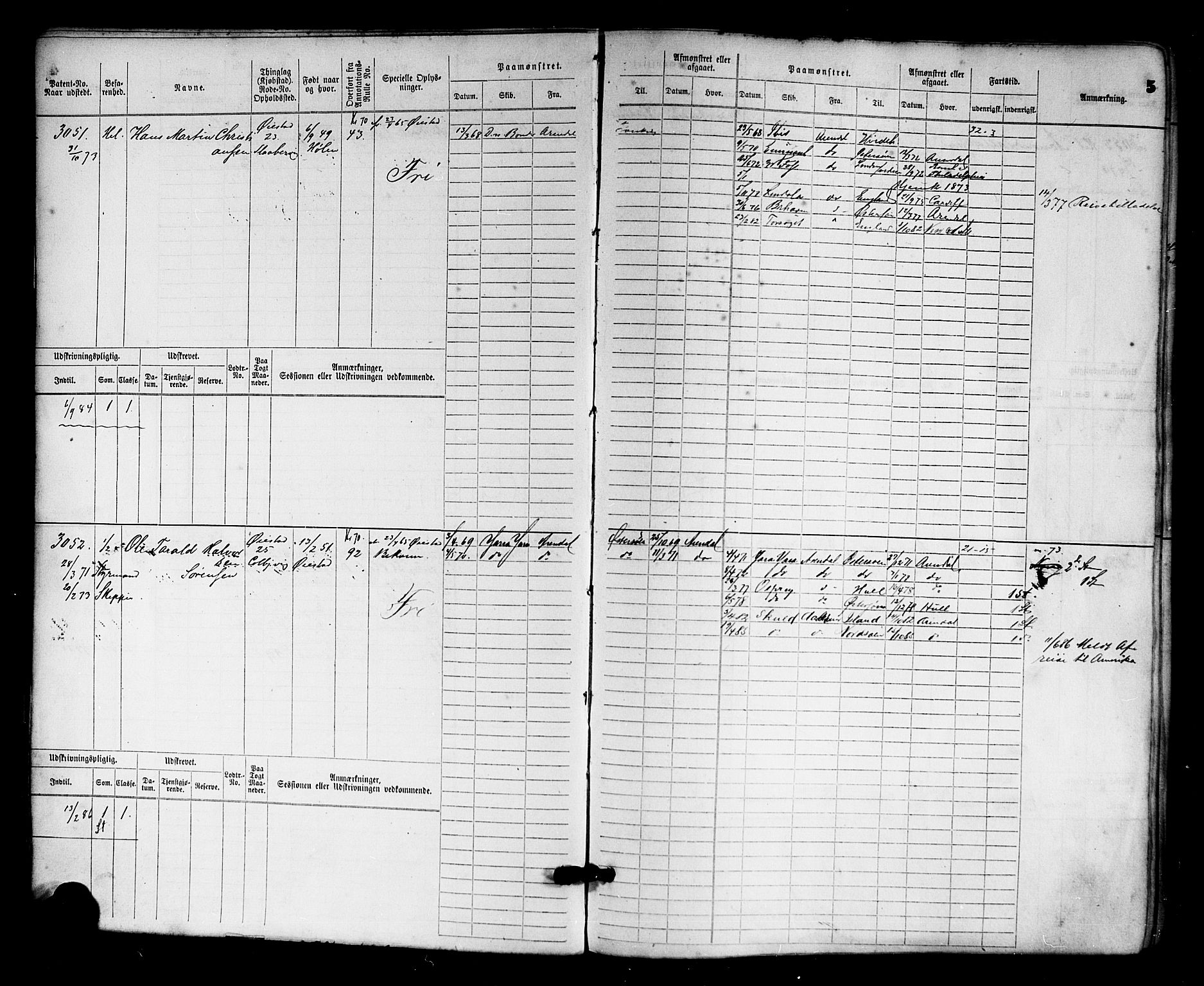 Arendal mønstringskrets, AV/SAK-2031-0012/F/Fb/L0014: Hovedrulle nr 3045-3806, S-12, 1868-1900, p. 6