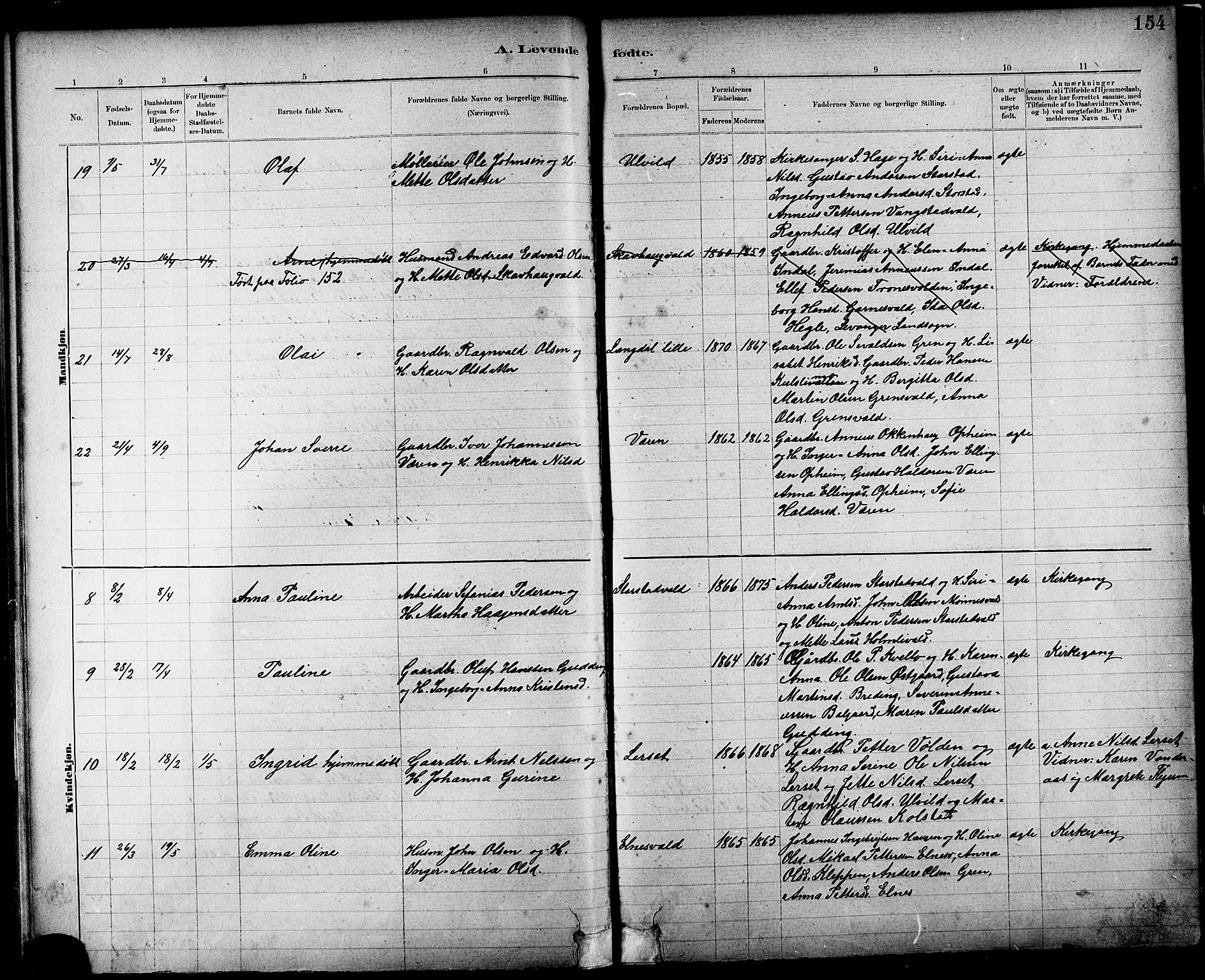 Ministerialprotokoller, klokkerbøker og fødselsregistre - Nord-Trøndelag, AV/SAT-A-1458/724/L0267: Parish register (copy) no. 724C03, 1879-1898, p. 154