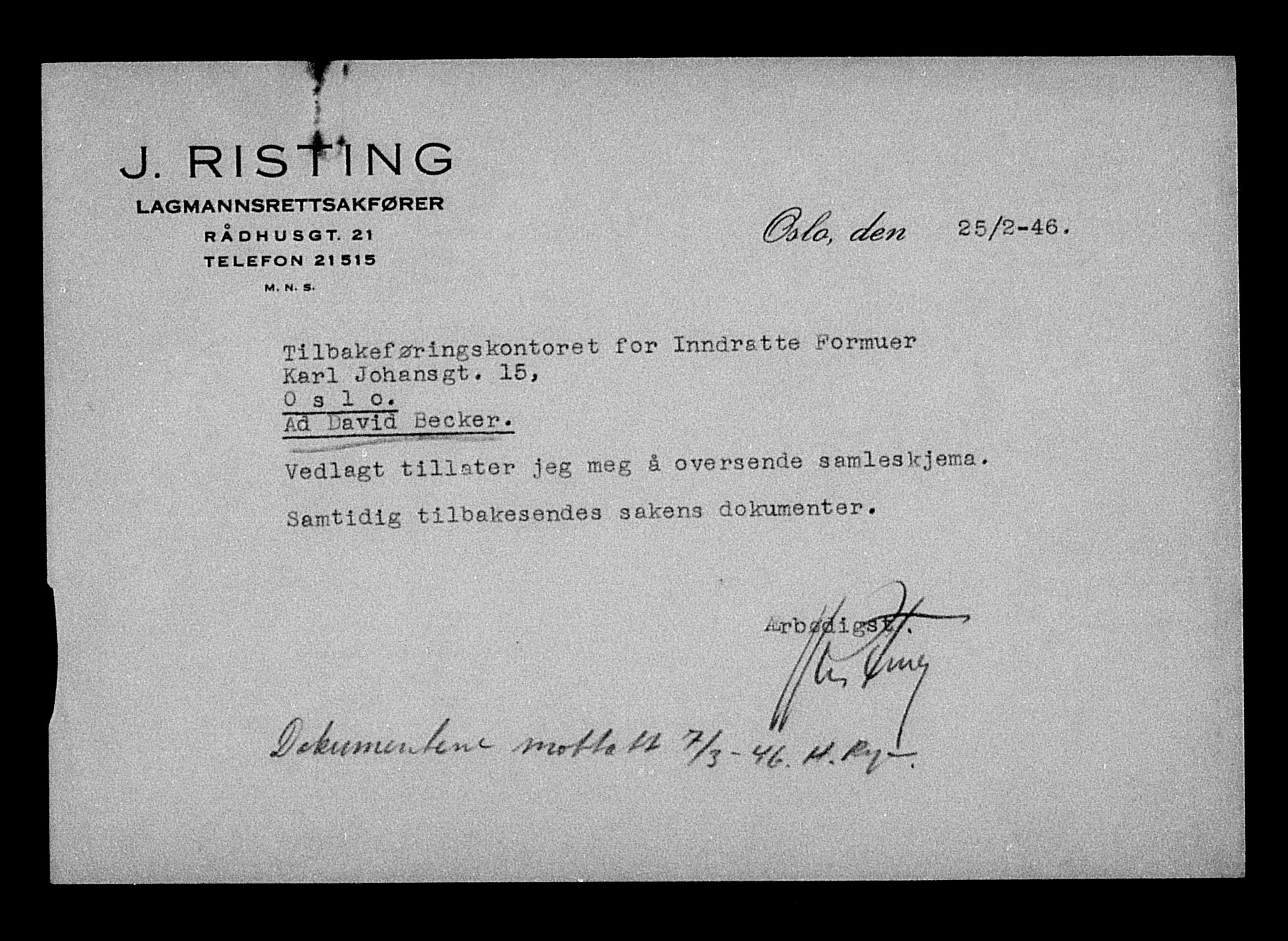 Justisdepartementet, Tilbakeføringskontoret for inndratte formuer, AV/RA-S-1564/H/Hc/Hcc/L0919: --, 1945-1947, p. 17
