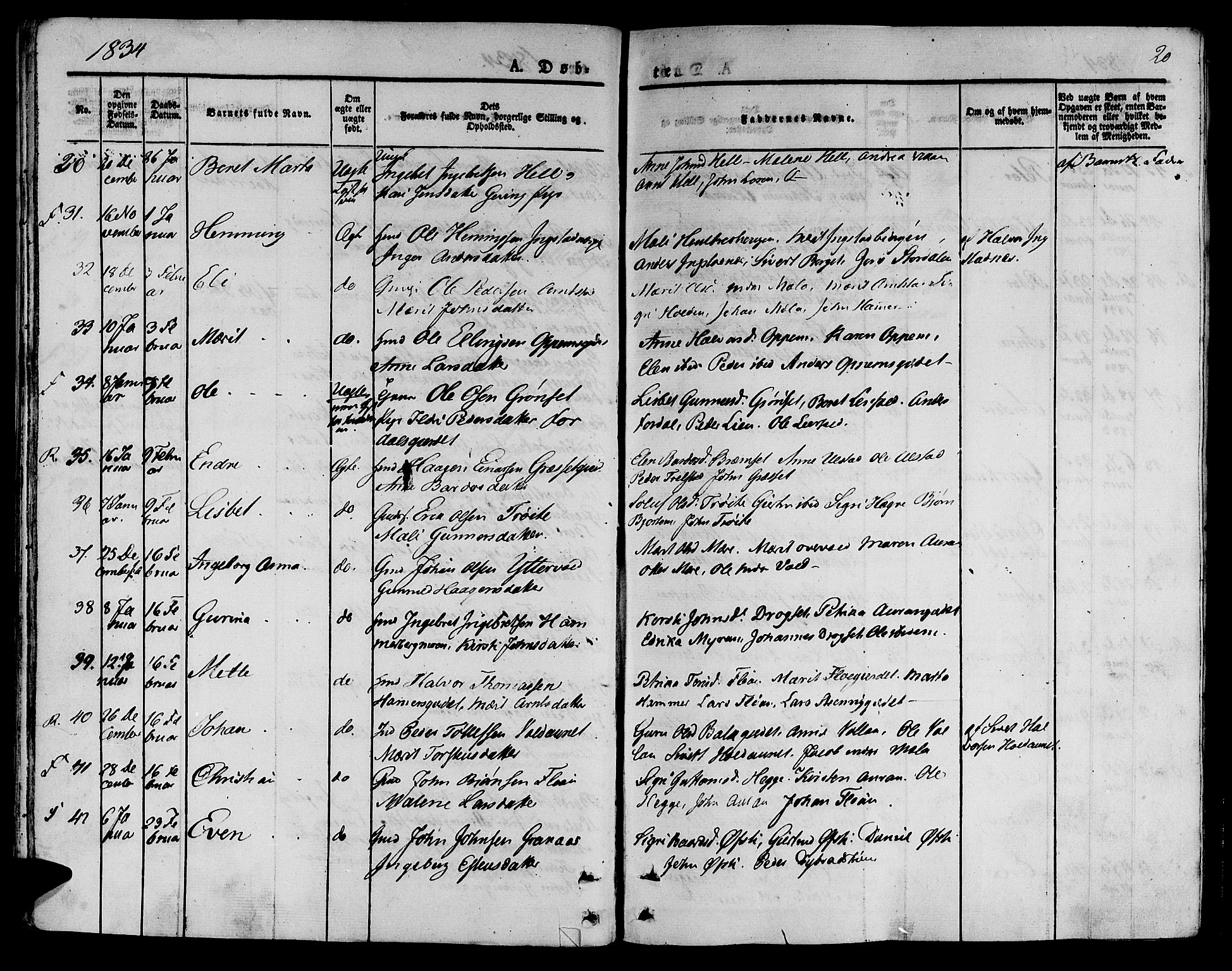 Ministerialprotokoller, klokkerbøker og fødselsregistre - Nord-Trøndelag, AV/SAT-A-1458/709/L0071: Parish register (official) no. 709A11, 1833-1844, p. 20