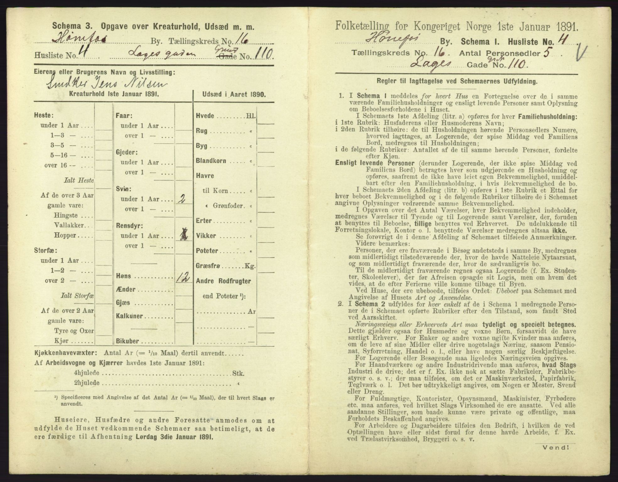 RA, 1891 census for 0601 Hønefoss, 1891, p. 345