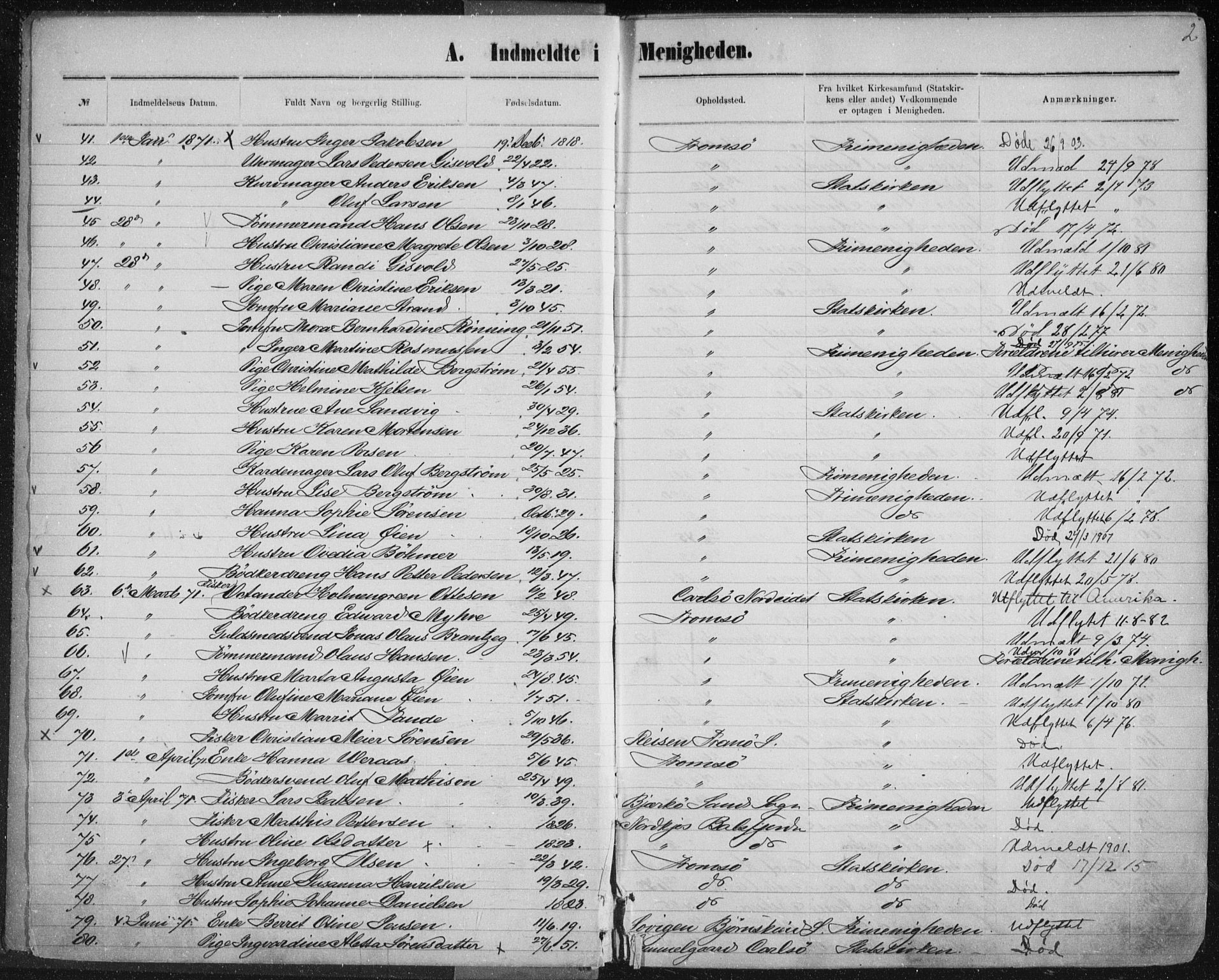 Uten arkivreferanse, SATØ/-: Dissenter register no. DP 3, 1871-1893, p. 2