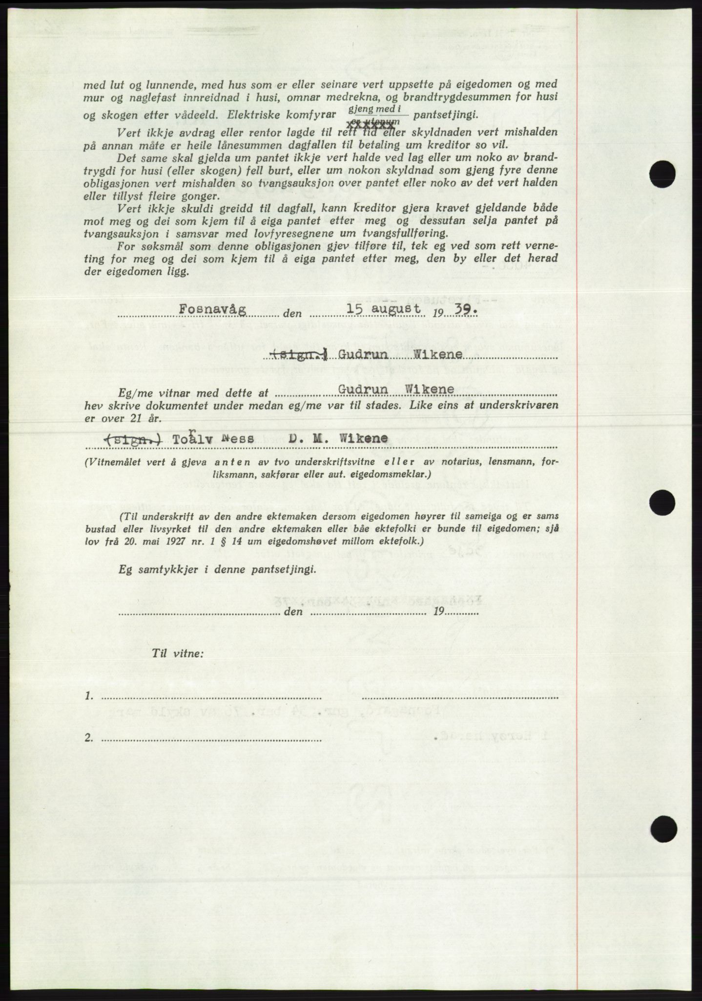 Søre Sunnmøre sorenskriveri, AV/SAT-A-4122/1/2/2C/L0068: Mortgage book no. 62, 1939-1939, Diary no: : 1311/1939