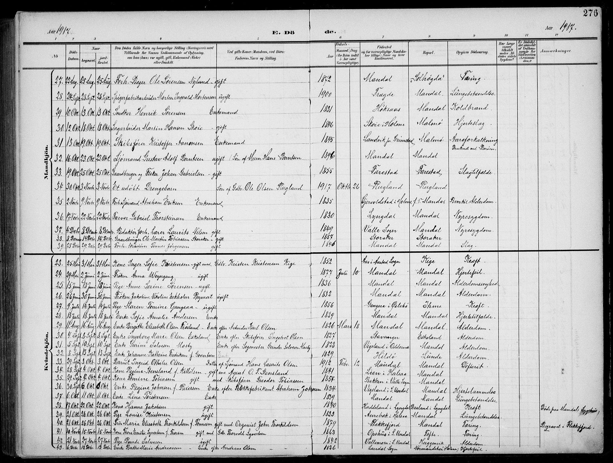 Mandal sokneprestkontor, AV/SAK-1111-0030/F/Fb/Fba/L0012: Parish register (copy) no. B 6, 1899-1918, p. 276