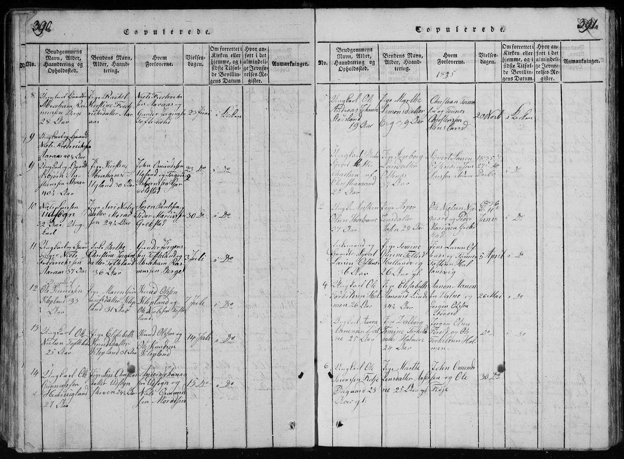 Søgne sokneprestkontor, AV/SAK-1111-0037/F/Fb/Fbb/L0002: Parish register (copy) no. B 2, 1821-1838, p. 390-391