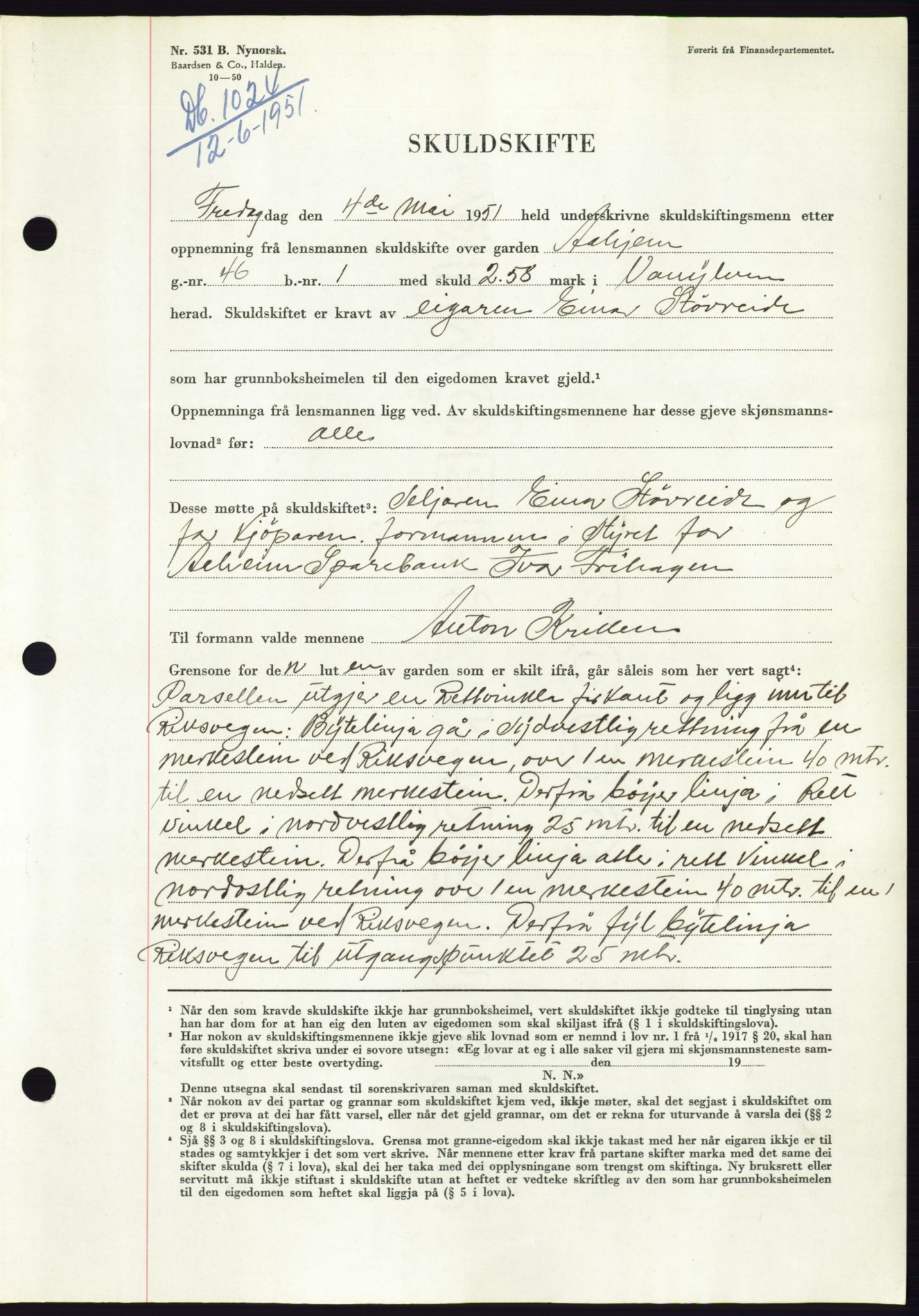 Søre Sunnmøre sorenskriveri, AV/SAT-A-4122/1/2/2C/L0089: Mortgage book no. 15A, 1951-1951, Diary no: : 1024/1951