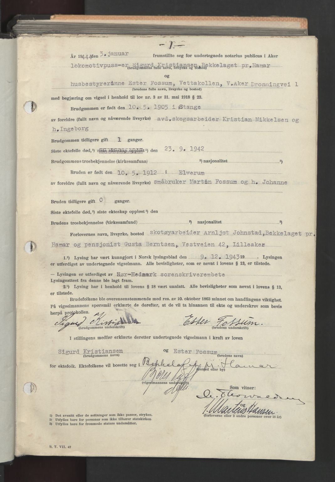 Aker sorenskriveri, AV/SAO-A-10895/L/Lc/Lcb/L0021: Vigselprotokoll, 1944, p. 1