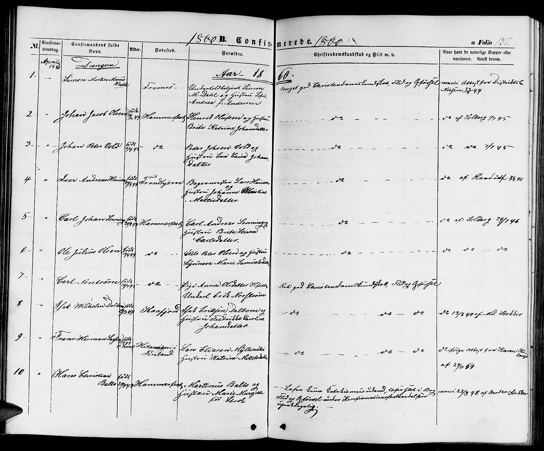 Hammerfest sokneprestkontor, SATØ/S-1347/H/Hb/L0002.klokk: Parish register (copy) no. 2, 1851-1861, p. 137