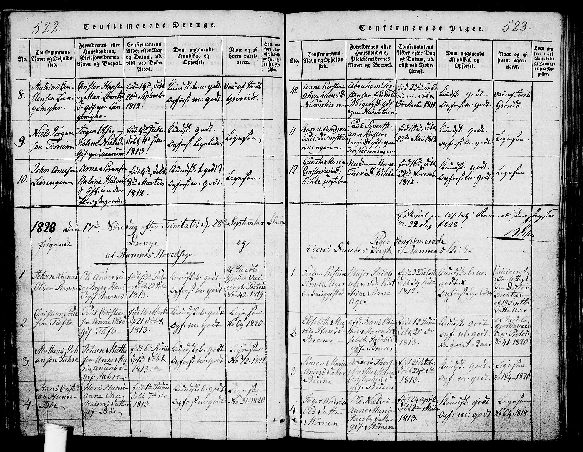 Ramnes kirkebøker, AV/SAKO-A-314/G/Ga/L0001: Parish register (copy) no. I 1, 1813-1847, p. 522-523