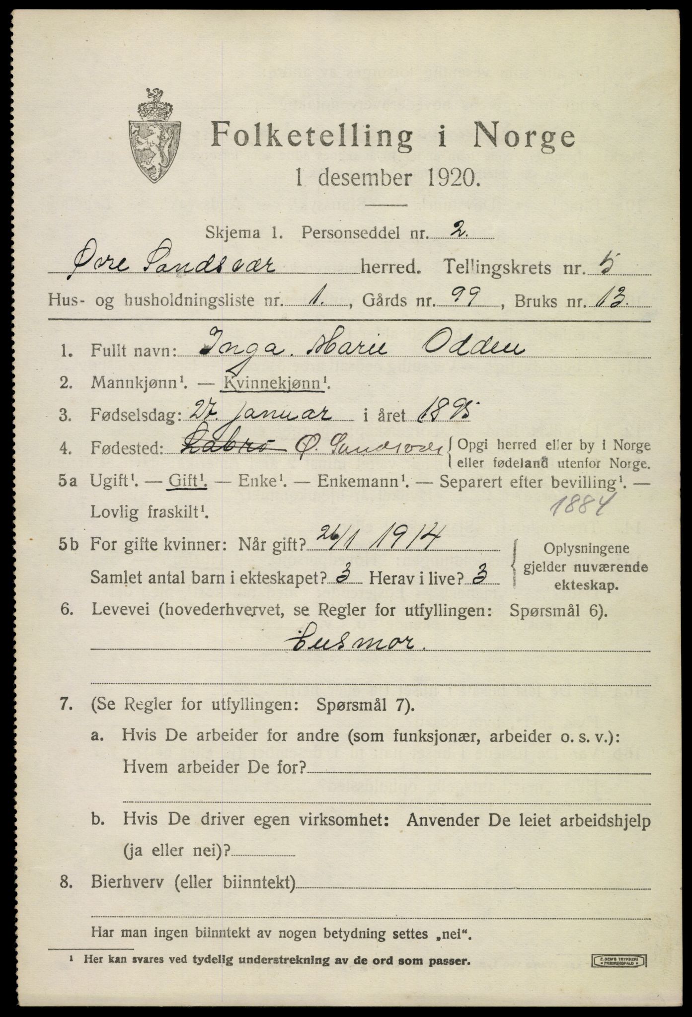 SAKO, 1920 census for Øvre Sandsvær, 1920, p. 2840