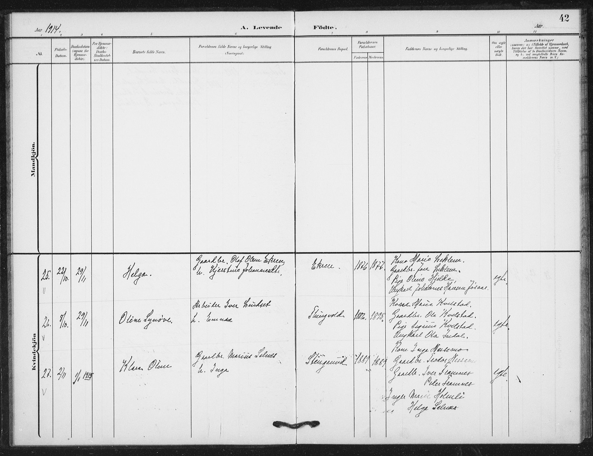 Ministerialprotokoller, klokkerbøker og fødselsregistre - Nord-Trøndelag, AV/SAT-A-1458/724/L0264: Parish register (official) no. 724A02, 1908-1915, p. 42