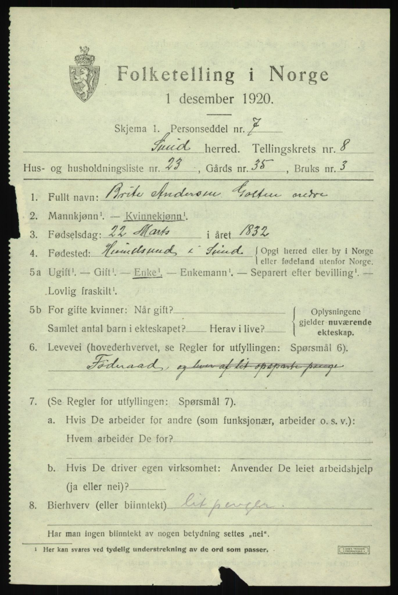 SAB, 1920 census for Sund, 1920, p. 5301