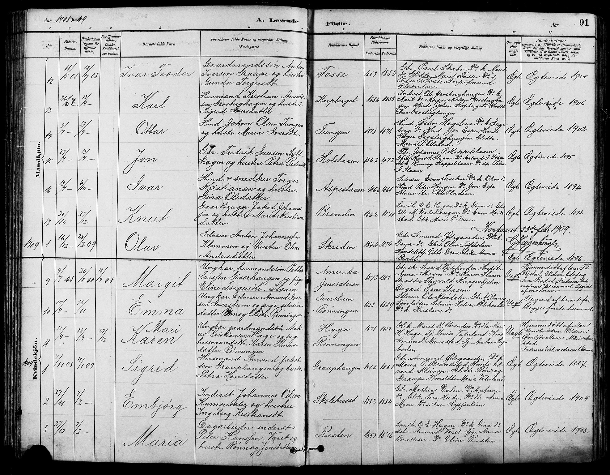 Nord-Fron prestekontor, SAH/PREST-080/H/Ha/Hab/L0005: Parish register (copy) no. 5, 1884-1914, p. 91