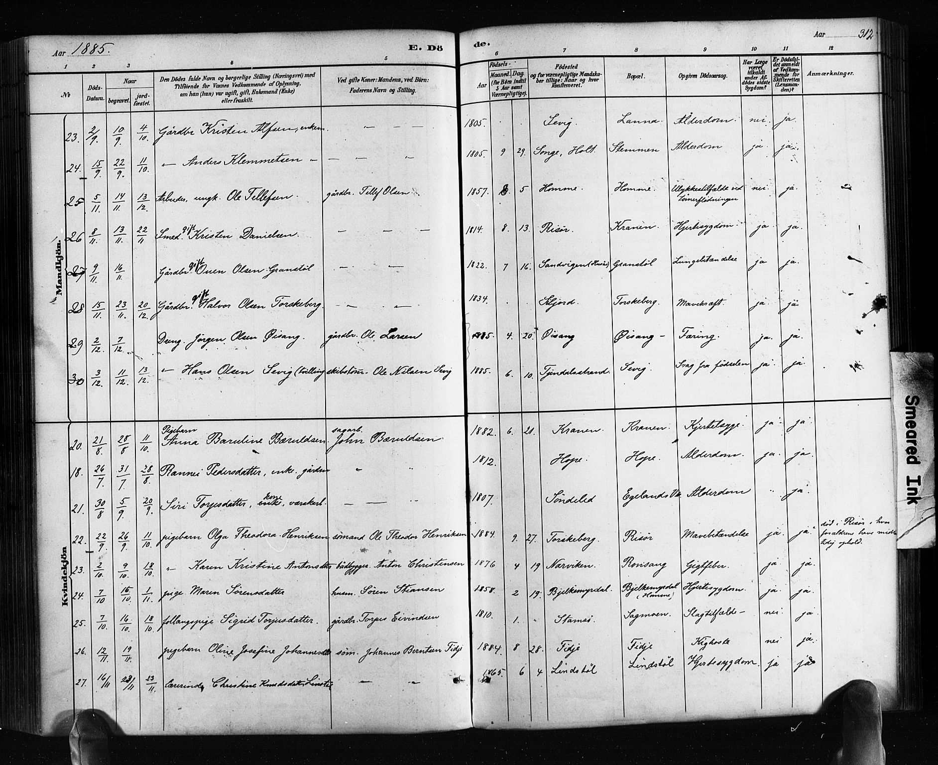 Søndeled sokneprestkontor, SAK/1111-0038/F/Fa/L0004: Parish register (official) no. A 4, 1880-1889, p. 312