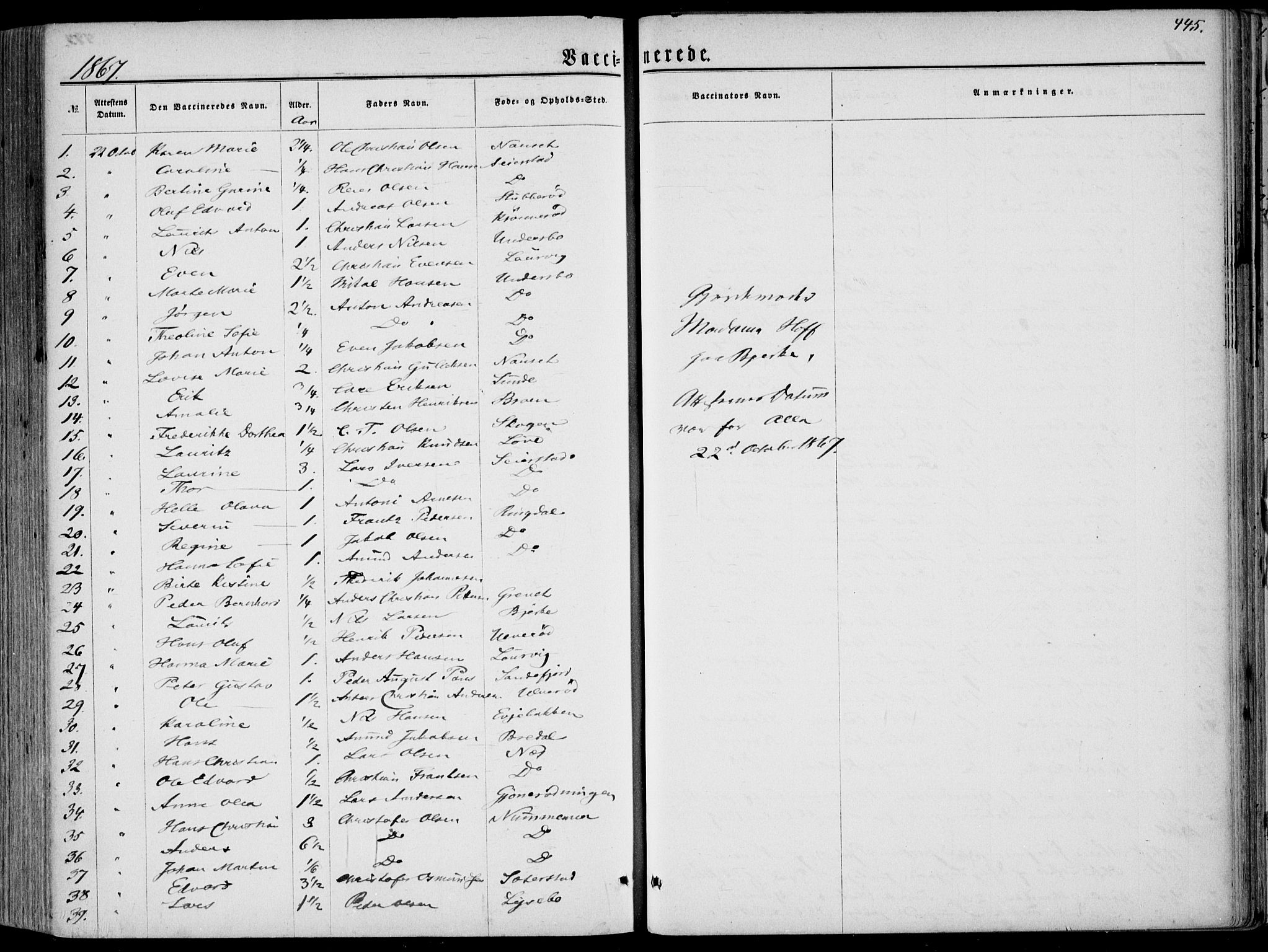 Hedrum kirkebøker, AV/SAKO-A-344/F/Fa/L0007: Parish register (official) no. I 7, 1857-1868, p. 445