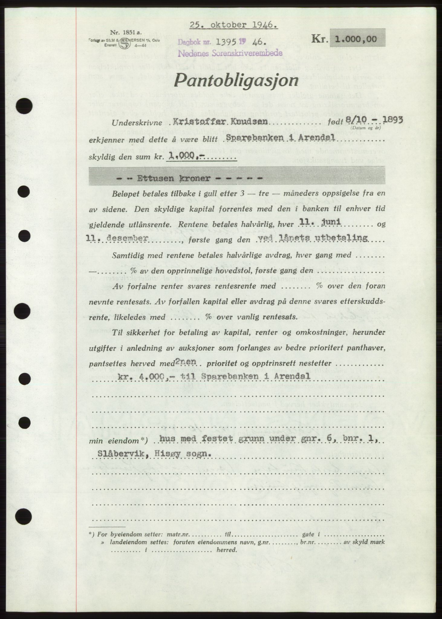 Nedenes sorenskriveri, SAK/1221-0006/G/Gb/Gbb/L0003: Mortgage book no. B3b, 1946-1946, Diary no: : 1395/1946