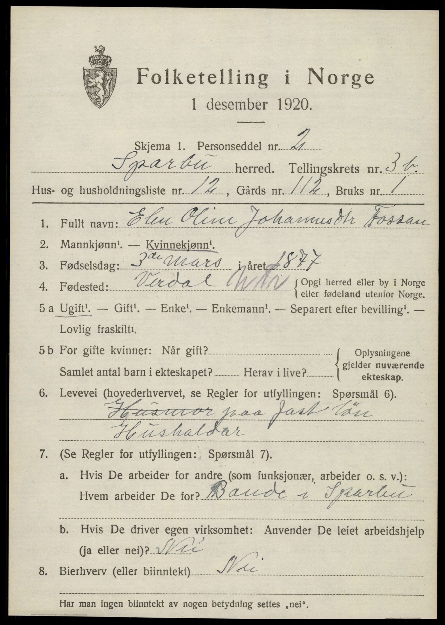 SAT, 1920 census for Sparbu, 1920, p. 4953