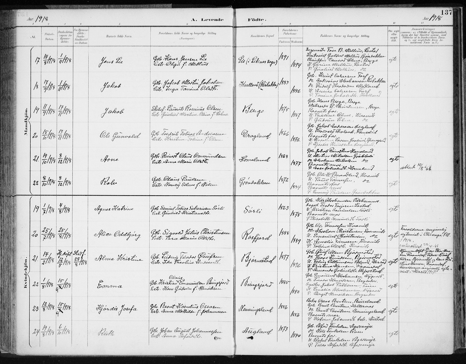 Lyngdal sokneprestkontor, AV/SAK-1111-0029/F/Fa/Fac/L0012: Parish register (official) no. A 12, 1894-1918, p. 137