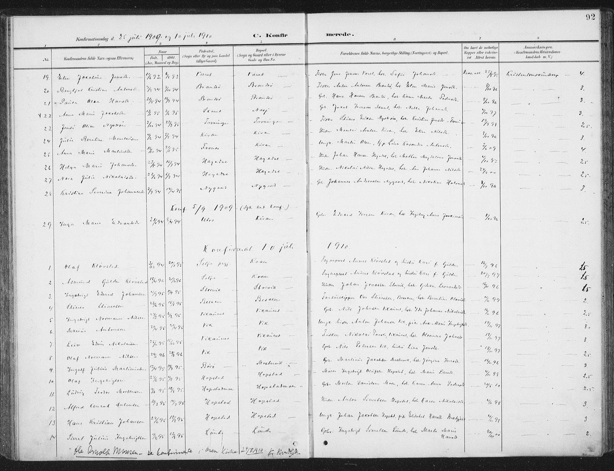 Ministerialprotokoller, klokkerbøker og fødselsregistre - Sør-Trøndelag, SAT/A-1456/657/L0709: Parish register (official) no. 657A10, 1905-1919, p. 92