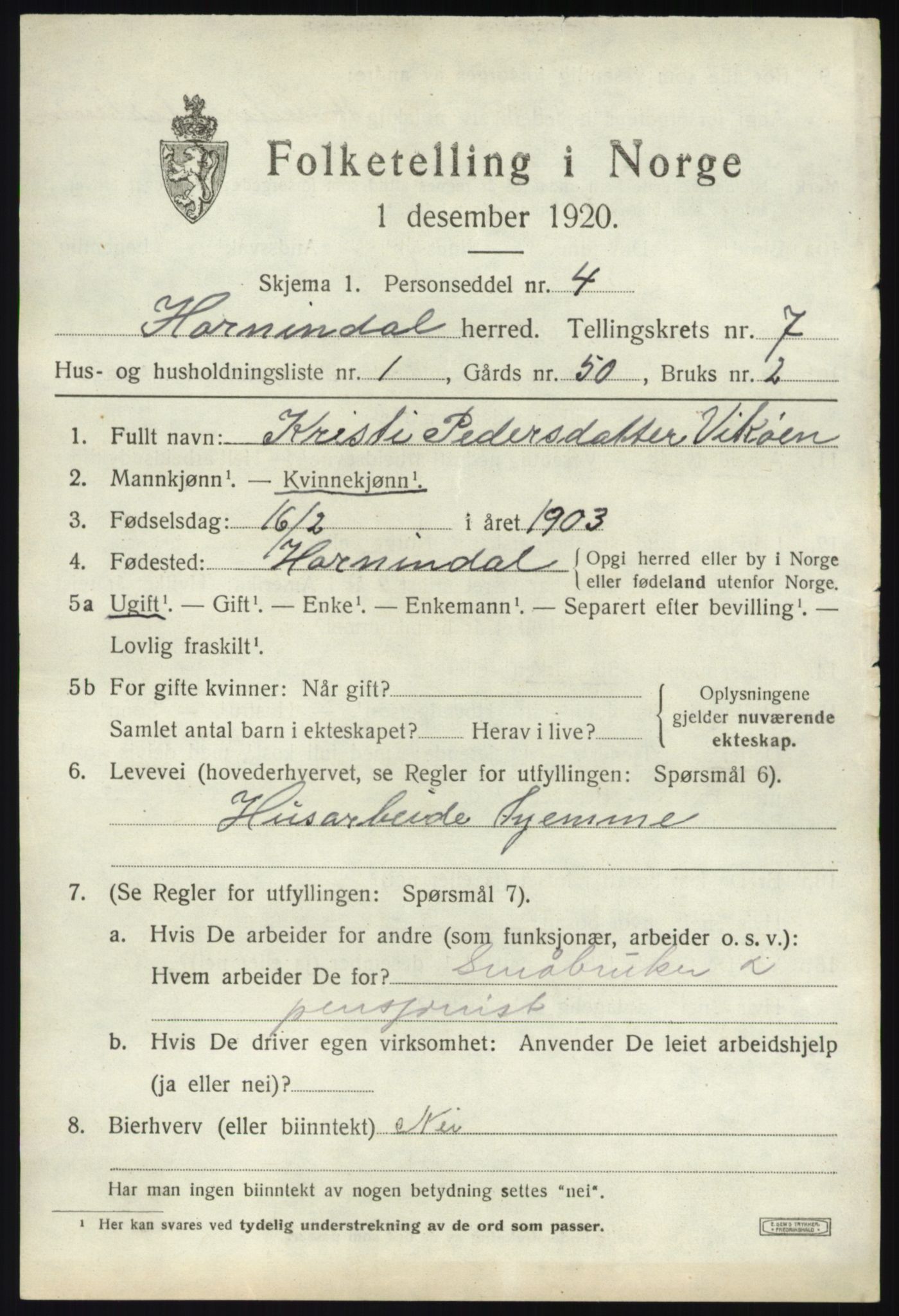 SAB, 1920 census for Hornindal, 1920, p. 3420