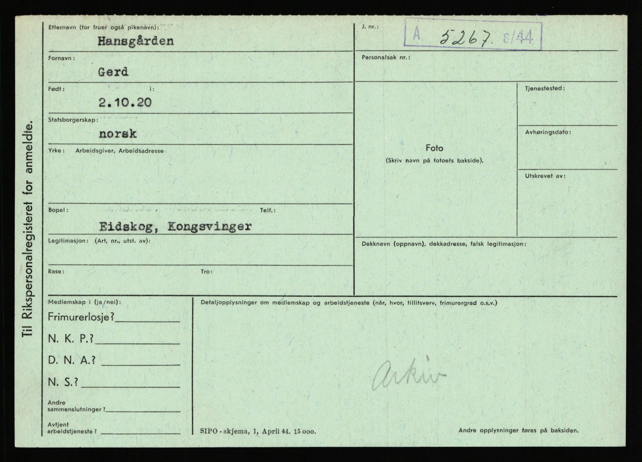 Statspolitiet - Hovedkontoret / Osloavdelingen, AV/RA-S-1329/C/Ca/L0006: Hanche - Hokstvedt, 1943-1945, p. 1704