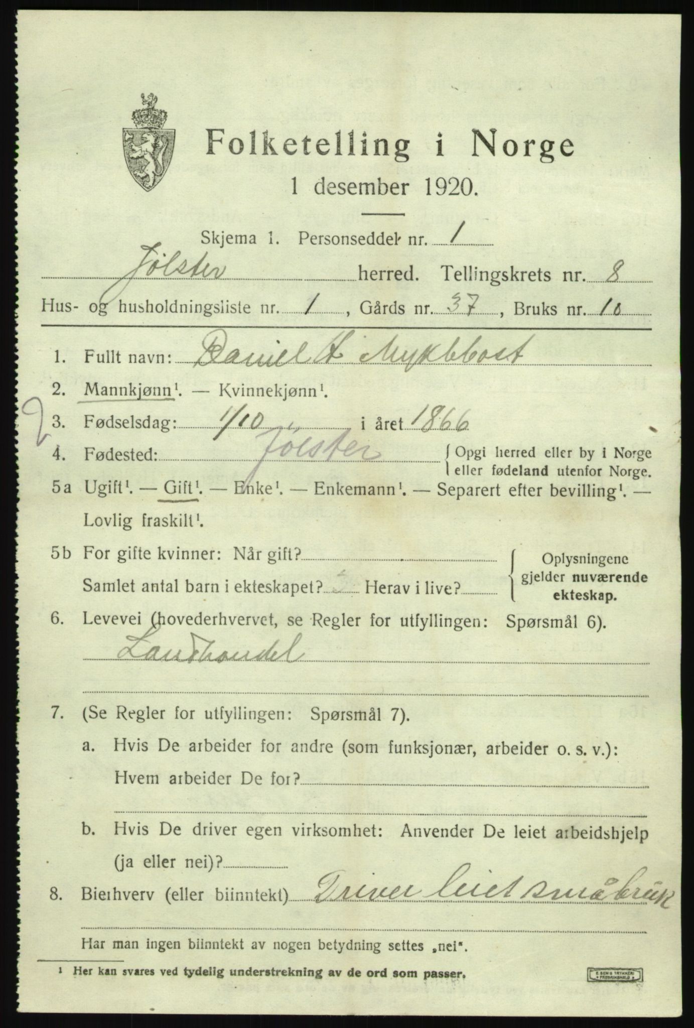 SAB, 1920 census for Jølster, 1920, p. 4010