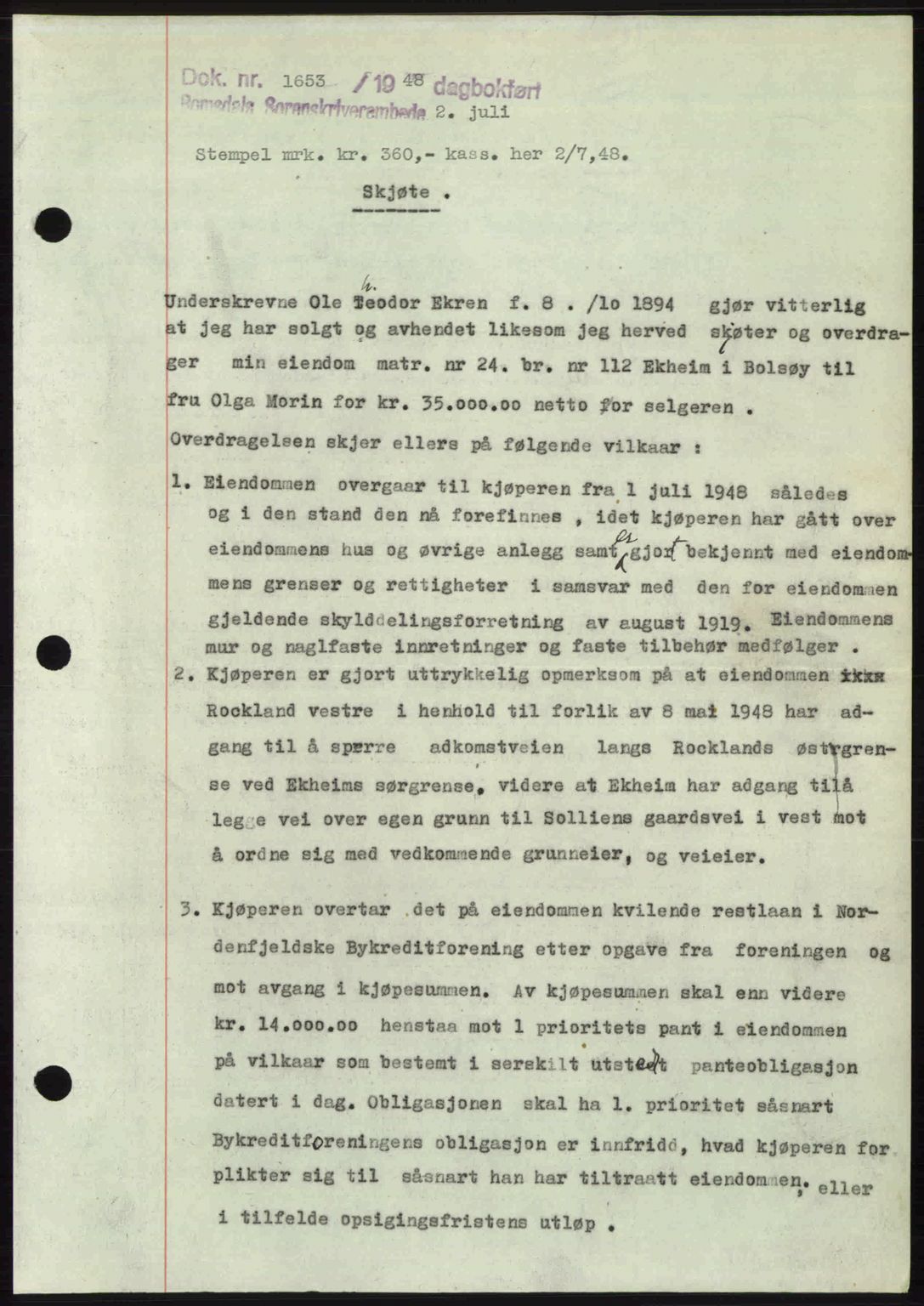 Romsdal sorenskriveri, AV/SAT-A-4149/1/2/2C: Mortgage book no. A26, 1948-1948, Diary no: : 1653/1948