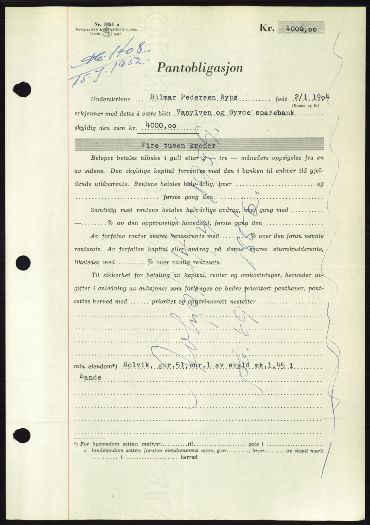 Søre Sunnmøre sorenskriveri, AV/SAT-A-4122/1/2/2C/L0121: Mortgage book no. 9B, 1951-1952, Diary no: : 1408/1952