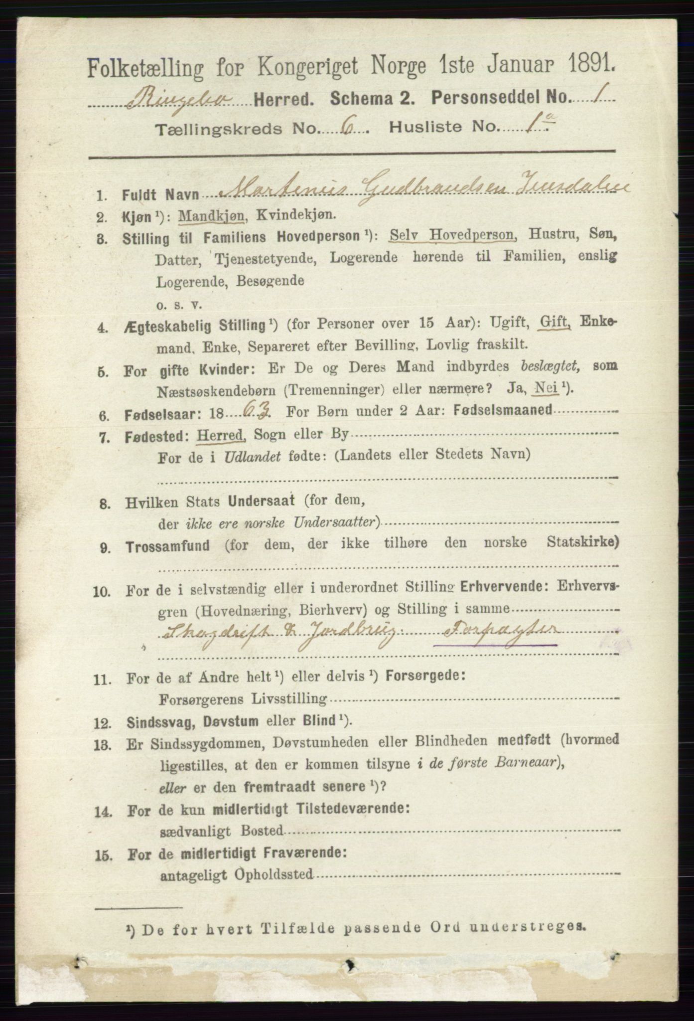 RA, 1891 census for 0520 Ringebu, 1891, p. 2443