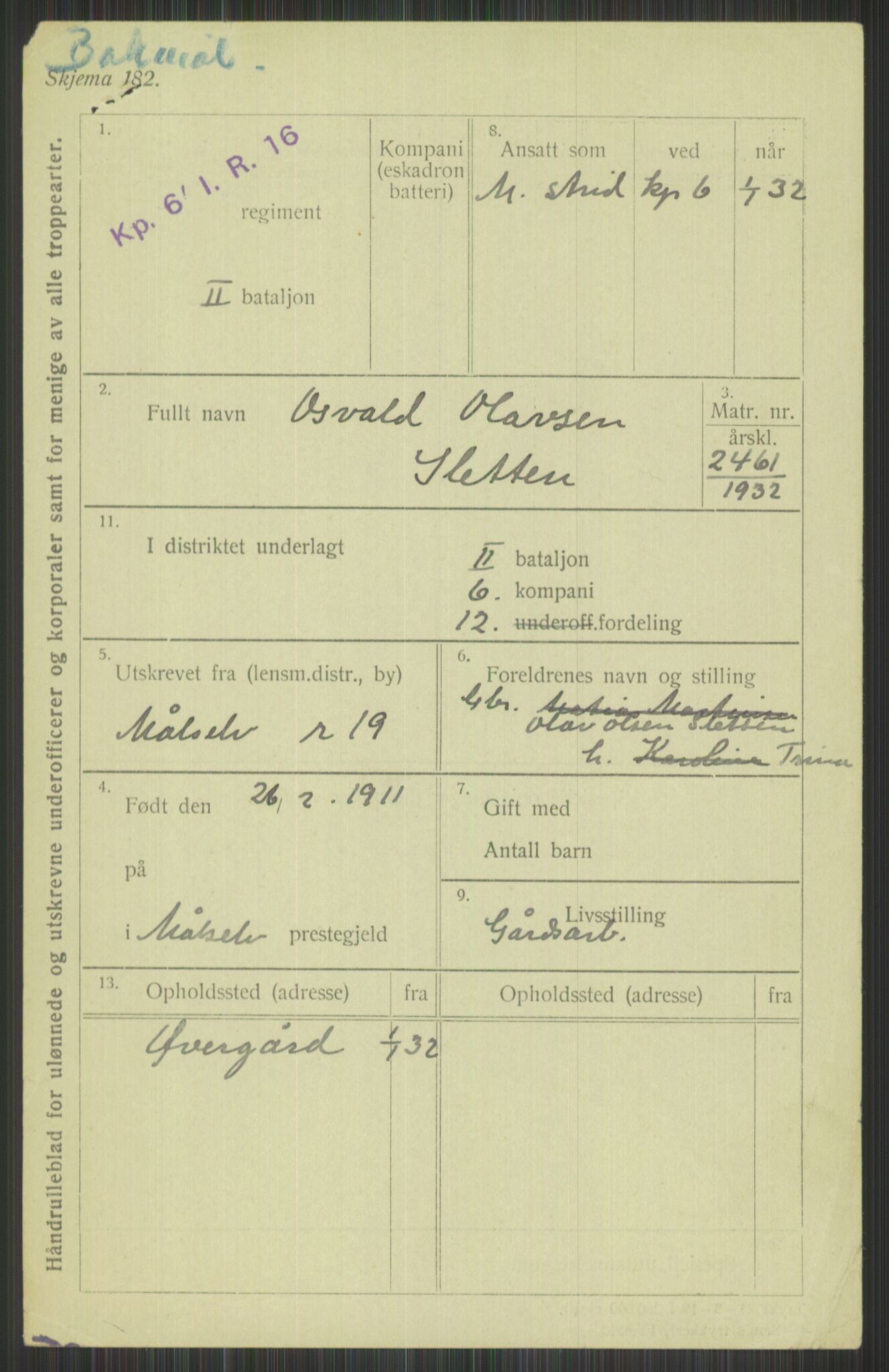 Forsvaret, Troms infanteriregiment nr. 16, AV/RA-RAFA-3146/P/Pa/L0016: Rulleblad for regimentets menige mannskaper, årsklasse 1932, 1932, p. 1411