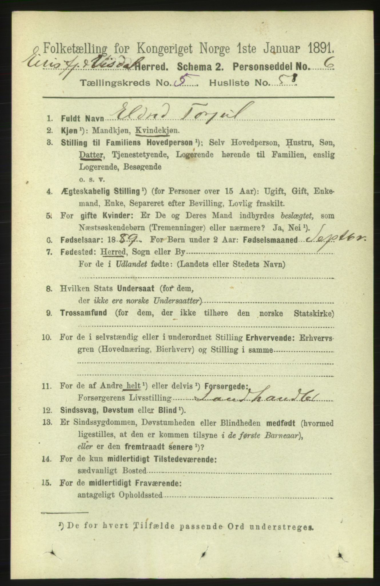 RA, 1891 census for 1542 Eresfjord og Vistdal, 1891, p. 1417