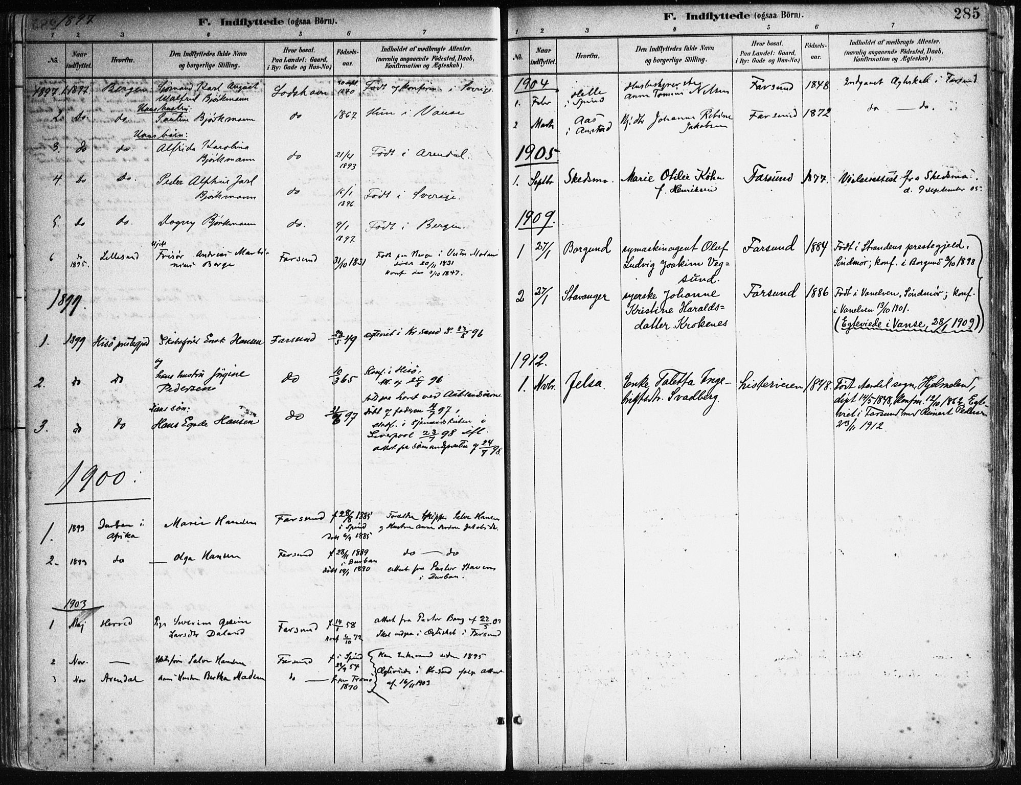 Farsund sokneprestkontor, SAK/1111-0009/F/Fa/L0006: Parish register (official) no. A 6, 1887-1920, p. 285