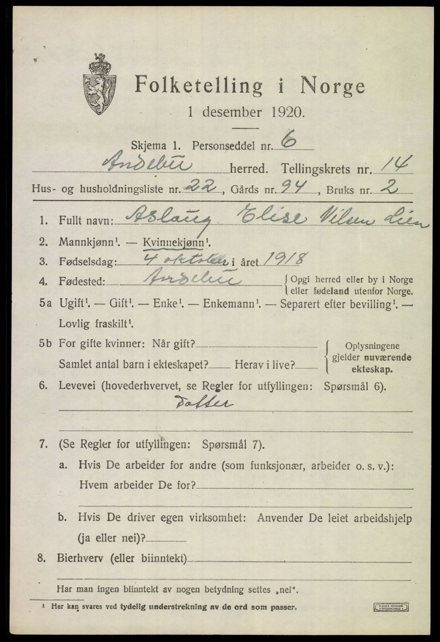 SAKO, 1920 census for Andebu, 1920, p. 5320