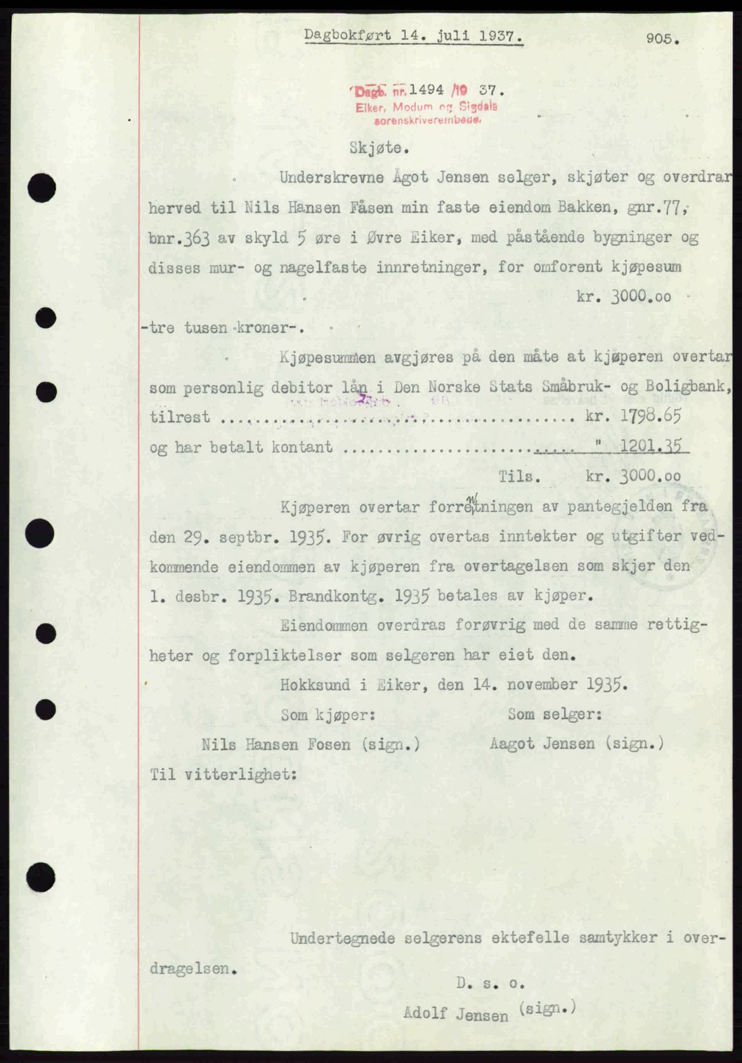 Eiker, Modum og Sigdal sorenskriveri, SAKO/A-123/G/Ga/Gab/L0035: Mortgage book no. A5, 1937-1937, Diary no: : 1494/1937