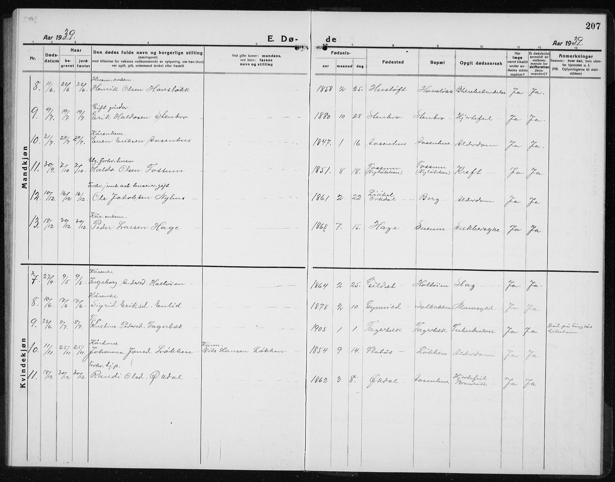 Ministerialprotokoller, klokkerbøker og fødselsregistre - Sør-Trøndelag, SAT/A-1456/689/L1045: Parish register (copy) no. 689C04, 1923-1940, p. 207